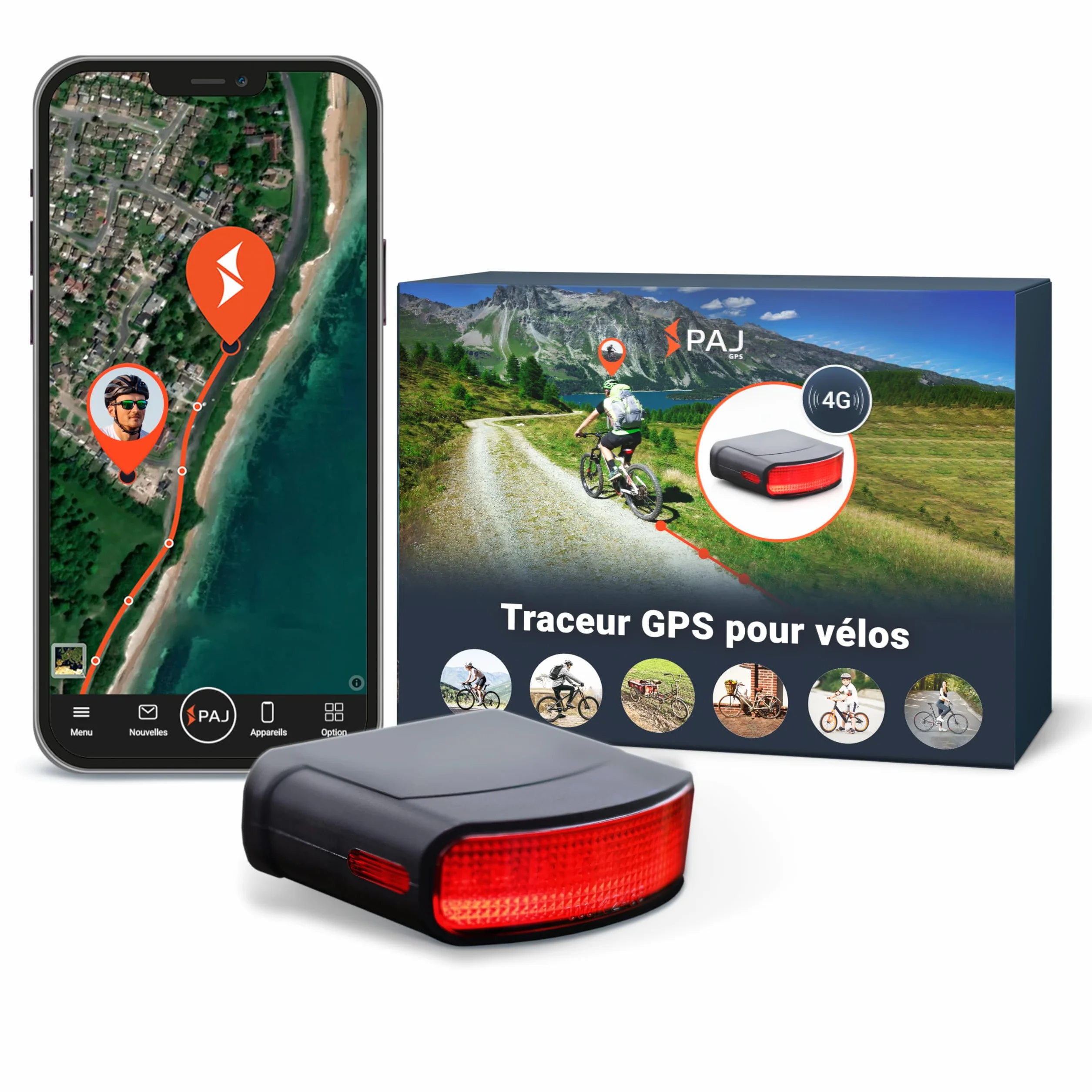 PAJ GPS Tracker pour vélo avec feu arrière - Abonnement Premium 3 Mois Inclus - Suivi 4G en Temps réel avec Alerte de Chute, géorepérage et mémoire des trajets - Jusqu’à 20 Jours d’autonomie