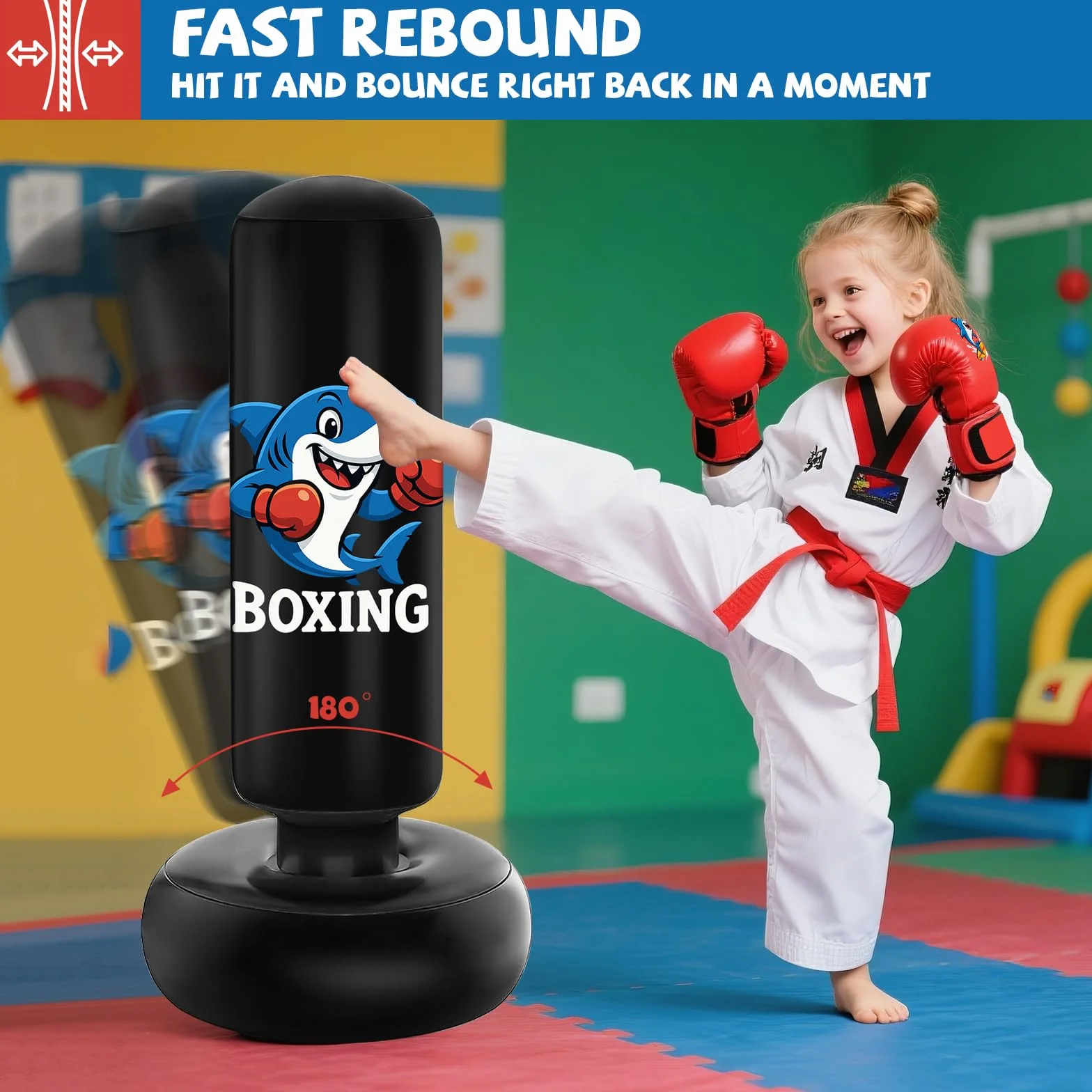 Qoosea Sac de Boxe pour Enfants 3 à 8 Ans, 130cm Gonflable Sac de Frappe sur Pied, Sac de Boxe Set de Formation avec Gants, Cadeau Parfait pour Garçons et Filles pour Karaté, Taekwondo