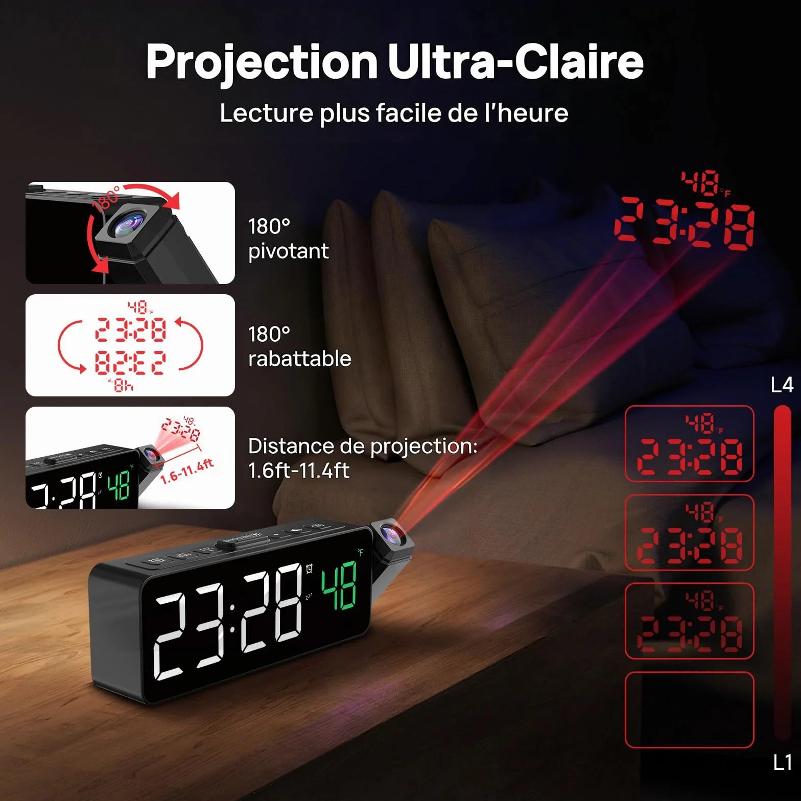 Réveil numérique avec projecteur 180°, température, écran LED, 4 niveaux luminosité, snooze 9 min, 12/24H, Blanc