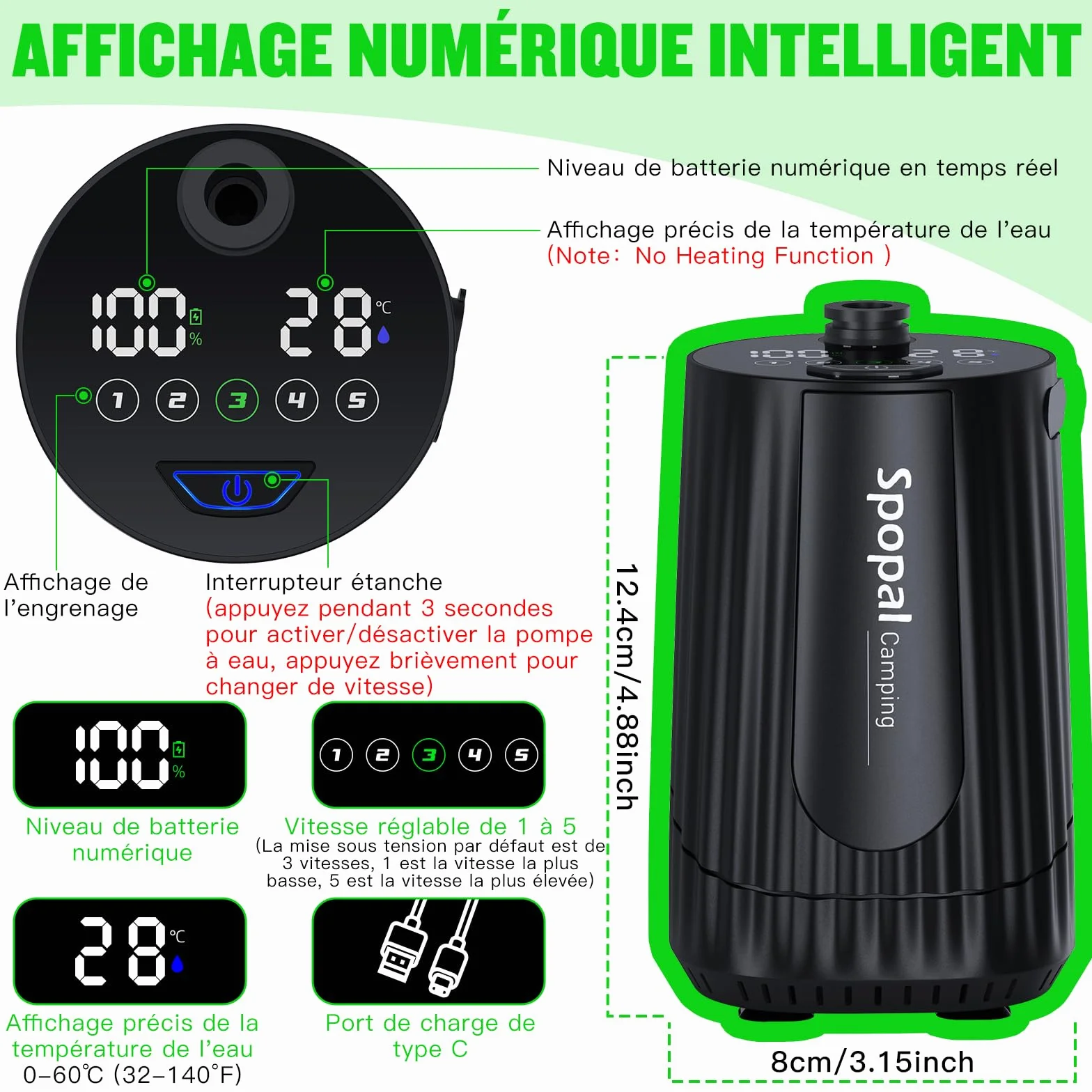 Spopal Camping Douche Portable, [Imperméable] Kit Douche de Camping,Rechargeable,10000mAh, avec Seau Pliable 20L,Afficheur Intelligent et Pomme de Douche 4 Modes pour Extérieure,Camping