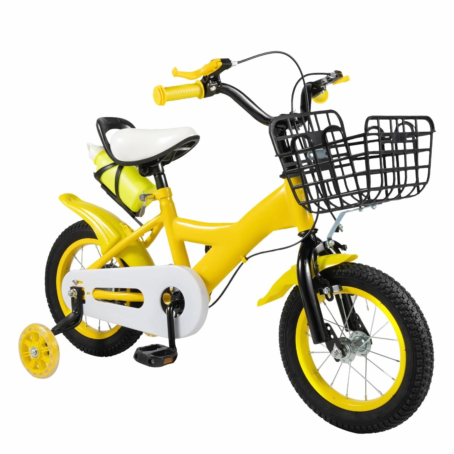 Vélo Enfant 12 Pouces Jaune pour garçons et Filles à partir de 2 à 5 Ans avec Roues stabilisatrices Selle réglable en Hauteur Guidon Panier Porte-Bouteille Double Frein Acier vélo Enfant vélo