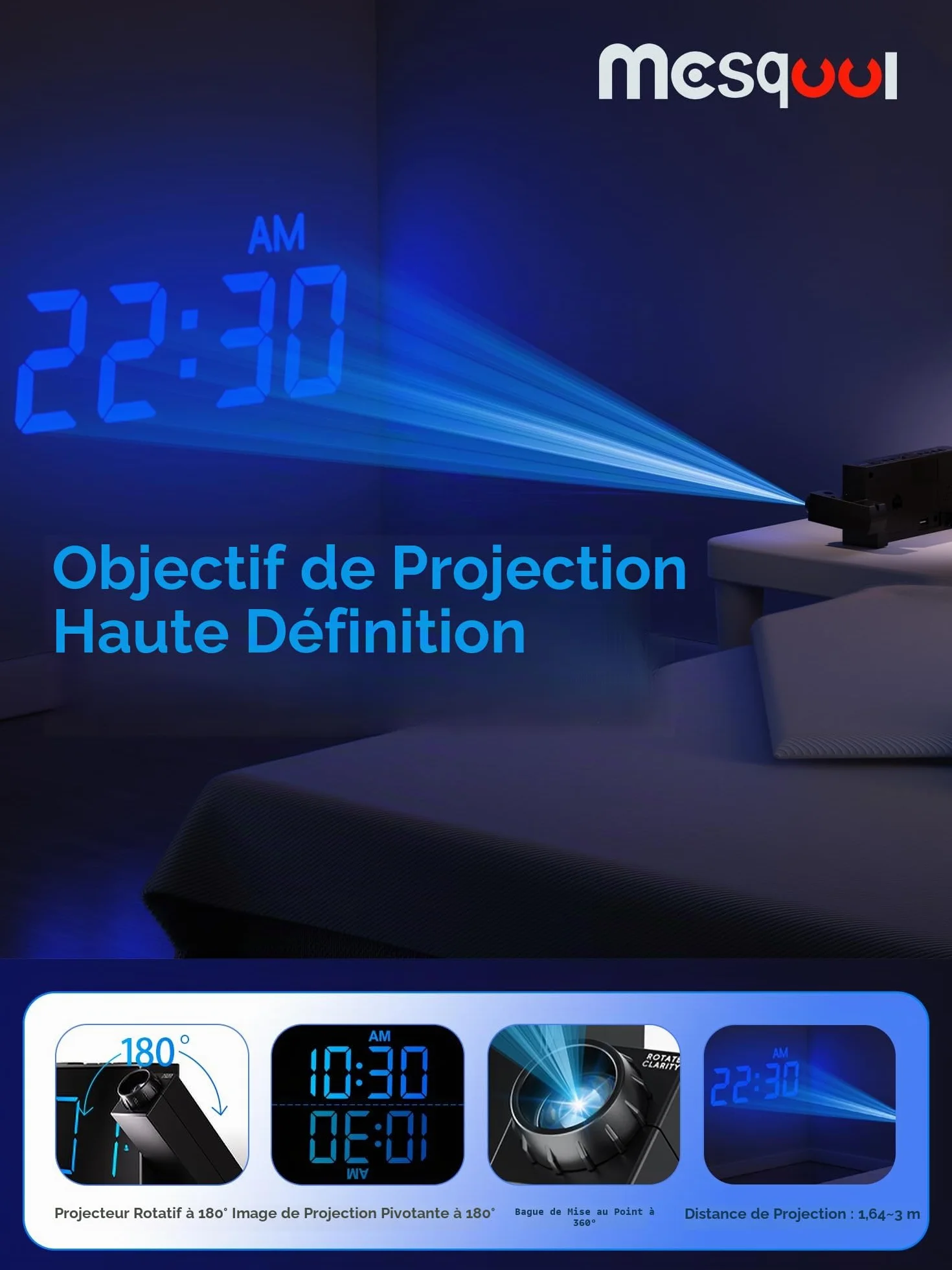 Reveil Projecteur Enfants LED 180° 7" Plafond Snooze Luminosité Réglable 12/24H