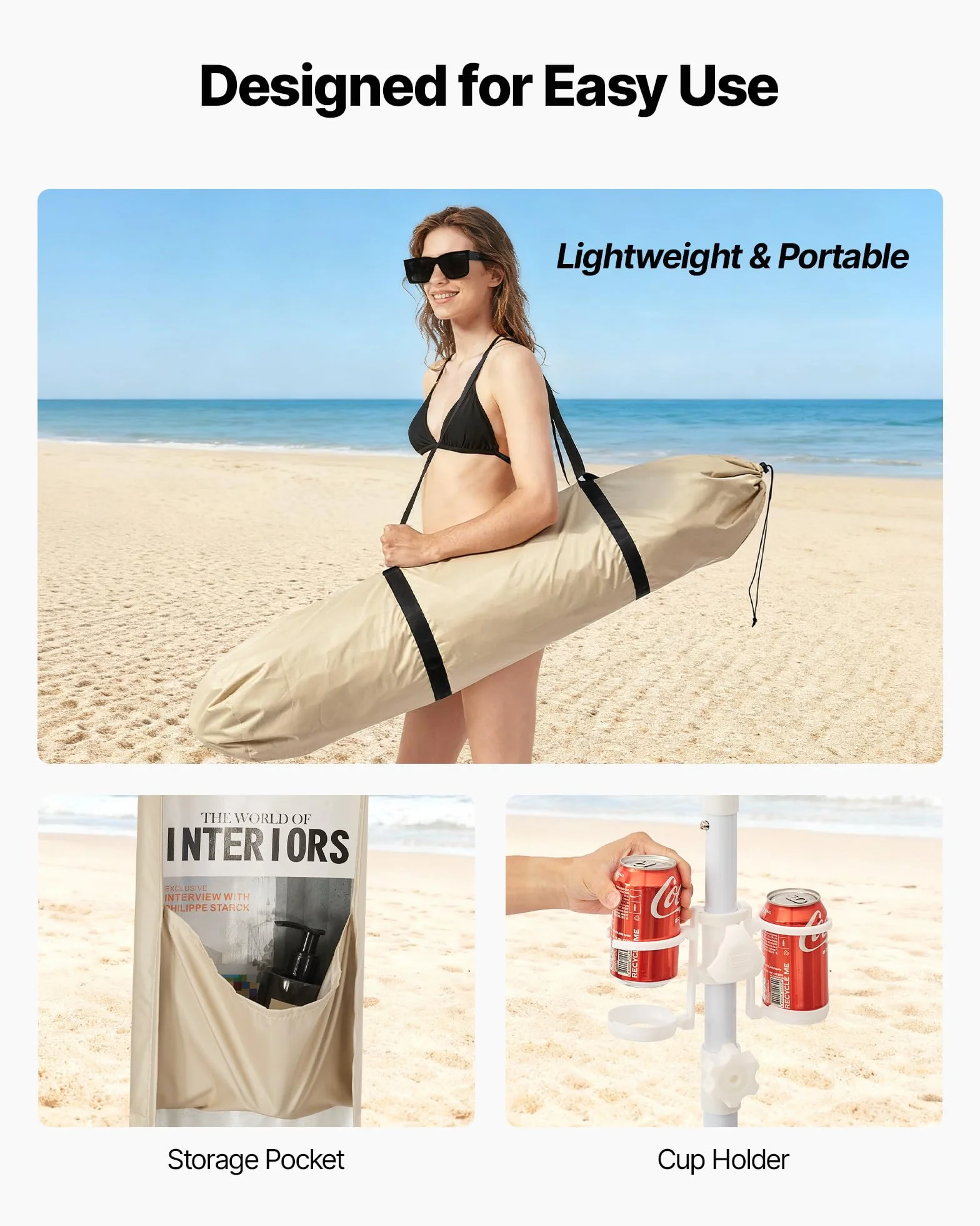 VEVOR Tonnelle de Plage 2,4 x 2,4 m, Abri de Plage avec Parois Latérales et Poches à Sable, Tente Portable pour Camping Extérieur, Protection UPF 50+, Hauteur Réglable, Espace Ombragé Spacieux, Kaki