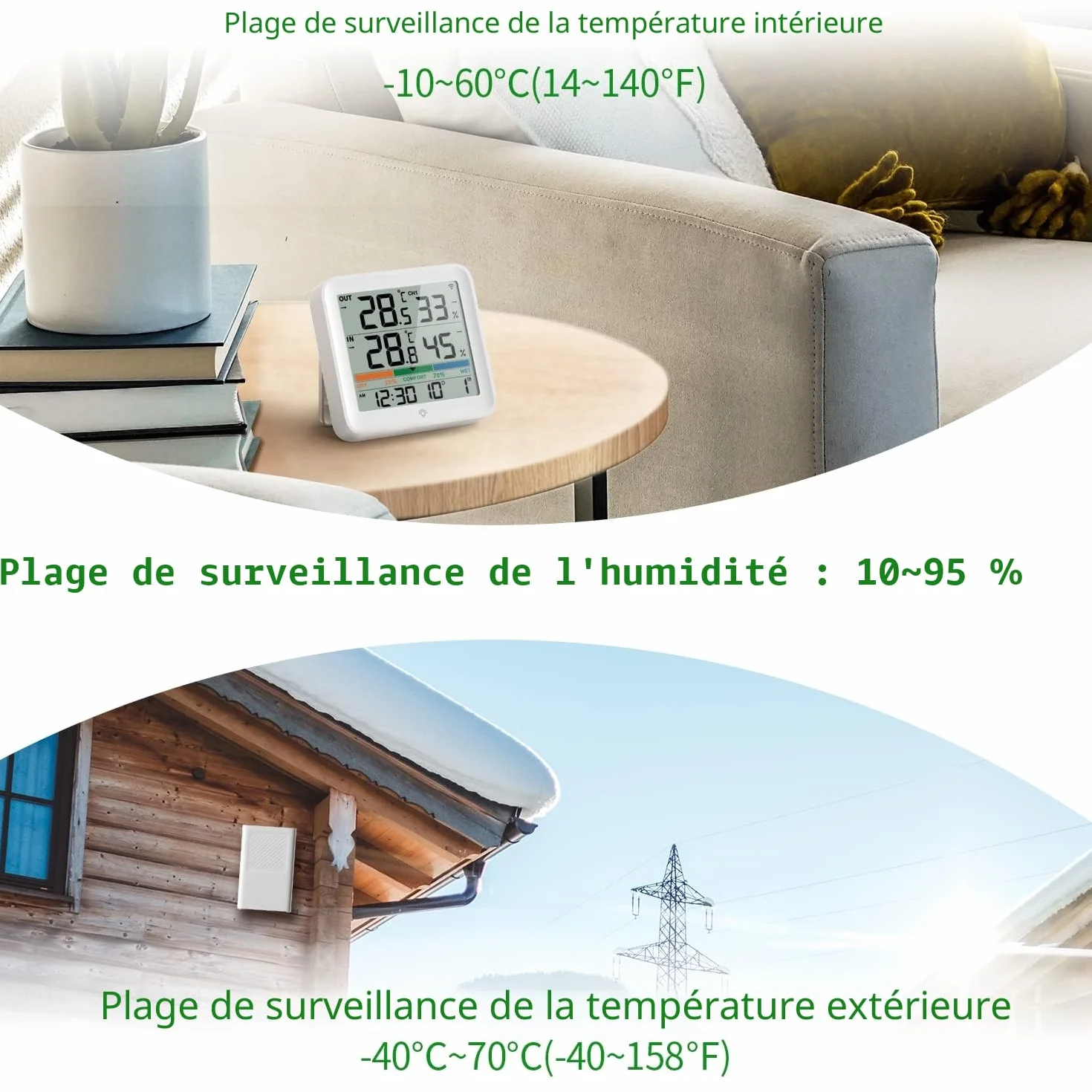 VOCOO thermomètre intérieur extérieur sans fil hygromètre numérique LCD température humidité avec capteur mémoire Min/Max ℃/℉ indicateur confort air rétroéclairage