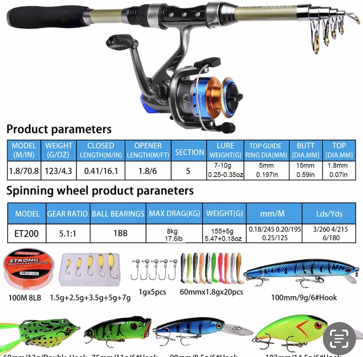 Kit de pêche complet avec sac à dos JCSSHOPING - Canne à pêche 1,8 m, moulinet, vinyles, cuillères, fil et rapeles