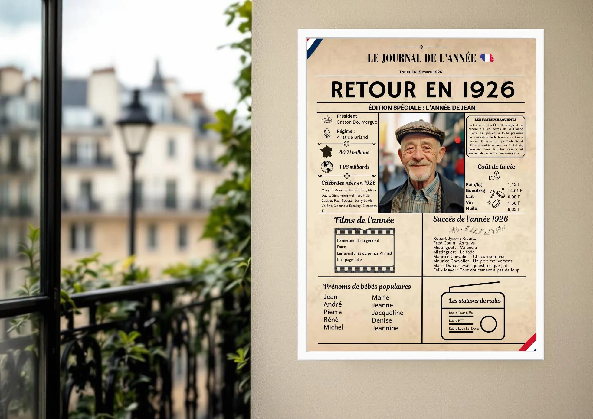 Affiche Année 1926 Personnalisée avec Photo – Journal de Naissance Vintage – Cadeau Anniversaire 99 Ans