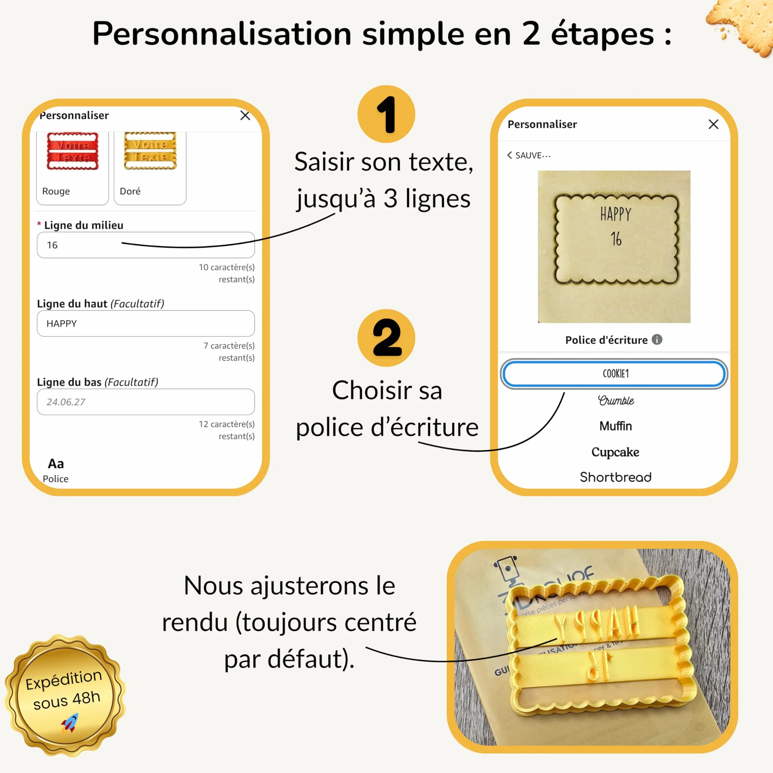 Emporte-pièce petit beurre personnalisable 3 lignes couleur au choix fabriqué en France