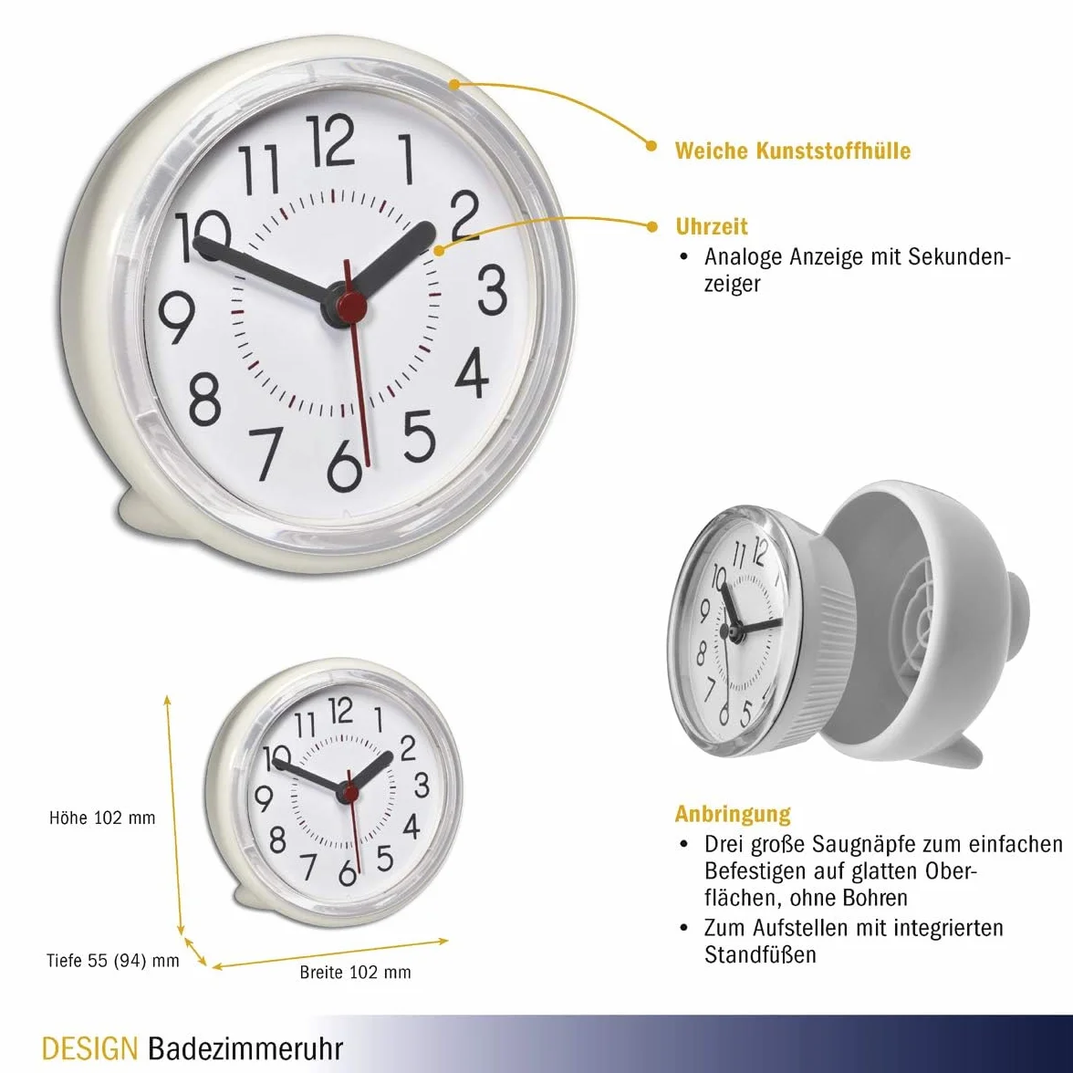 TFA Dostmann Horloge salle de bain étanche 60.3055.02 sans perçage ventouse Blanc-crème
