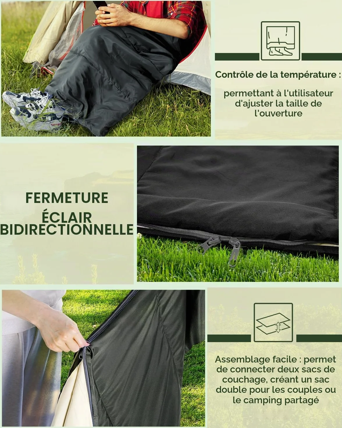 Ohuhu Sac de Couchage Léger 860 g 15-25°C 190 x 83 cm pour Camping Randonnée Trekking