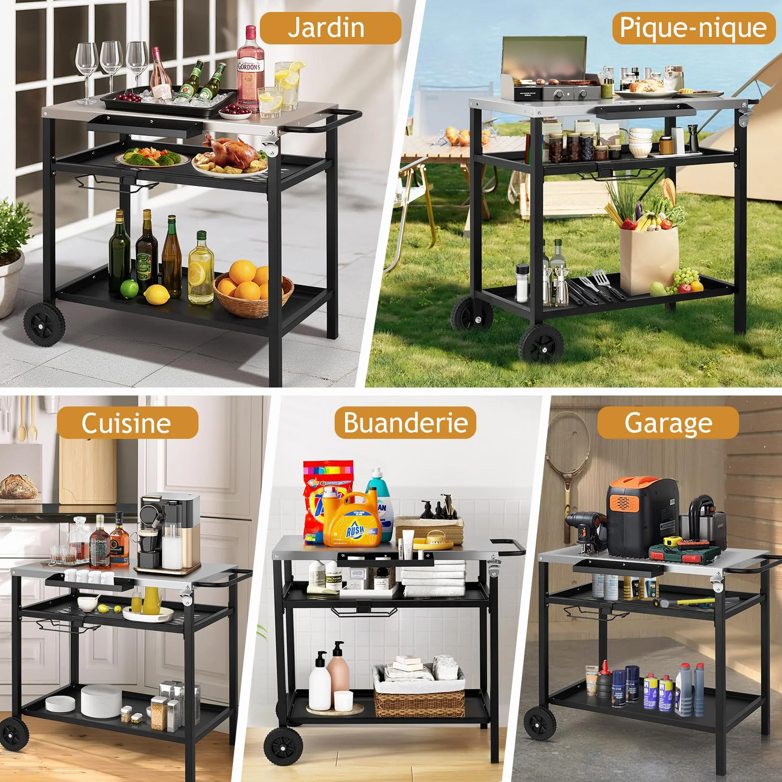 Desserte à roulettes Chariot de Barbecue Mobile 3 Niveaux 97x51x83 cm Acier Inoxydable