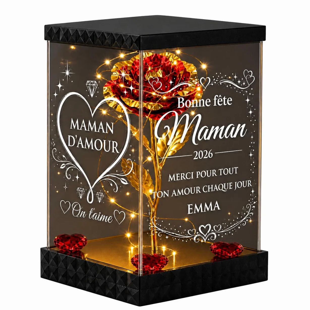 Rose Lumineuse Personnalisée Maman - Cadeau Fête des Mères Original, Lanterne LED 4 Faces Gravées, Rose Rouge Dorée avec Prénom