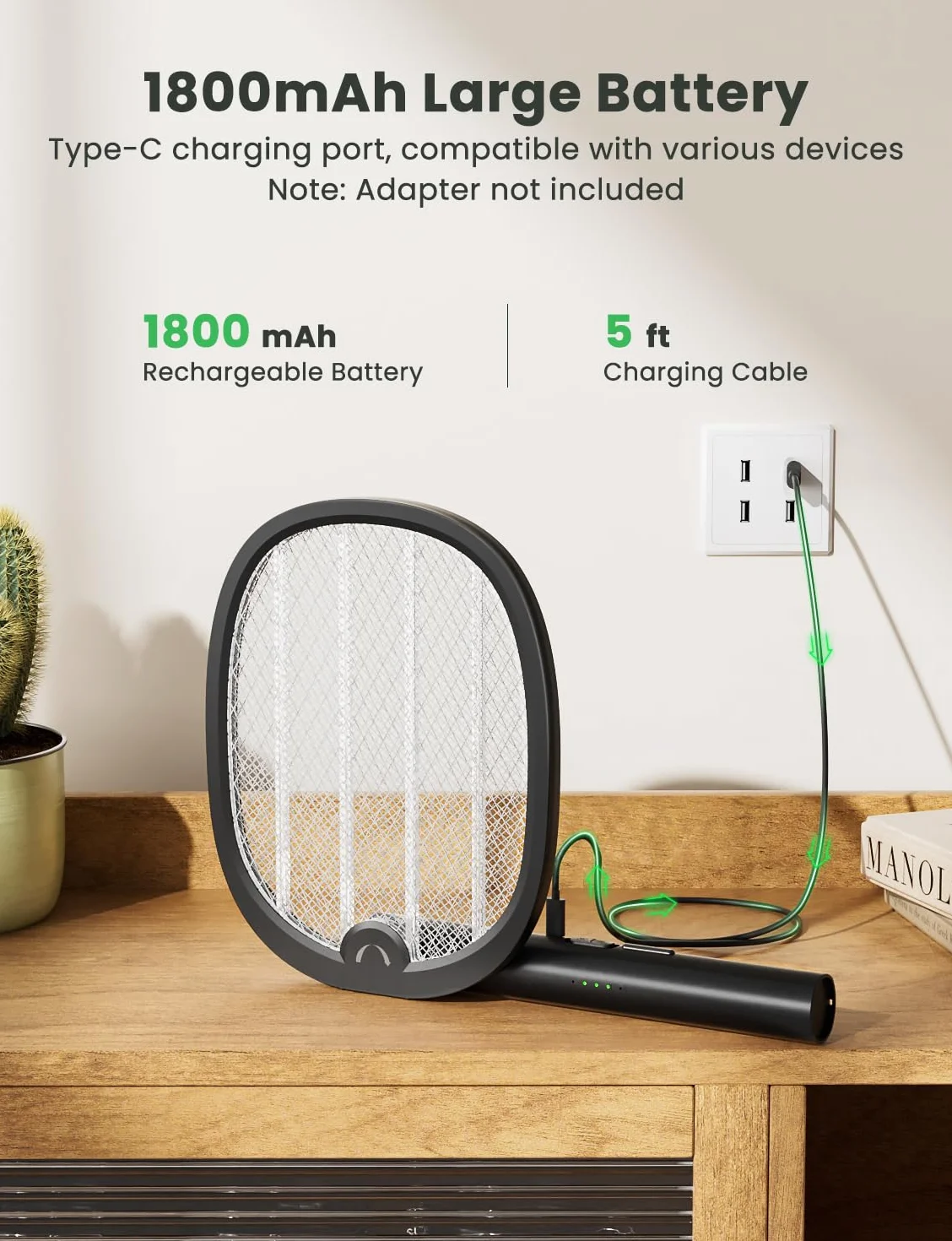 YISSVIC Raquette Electrique Anti Moustiques Pliable 4000V 1800mAh Rechargeable USB-C Noir