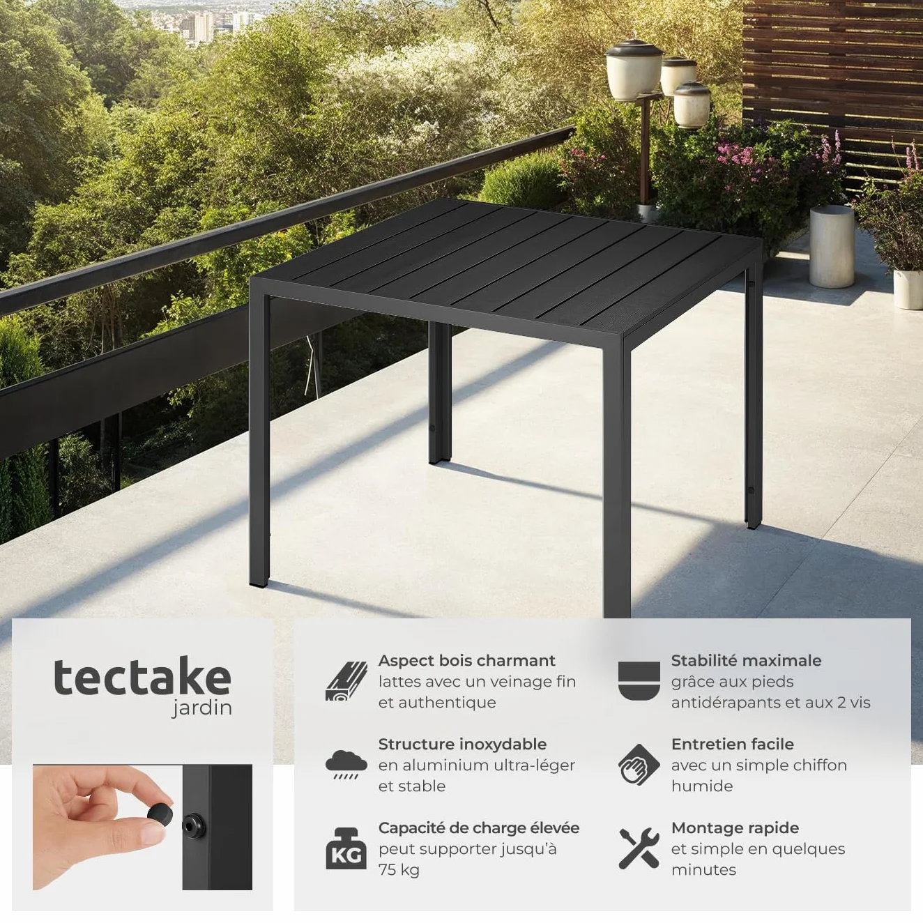 Table à Manger Extérieur en Aluminium Aspect Bois 90 x 90 x 74,5 cm pour Salon de Jardin