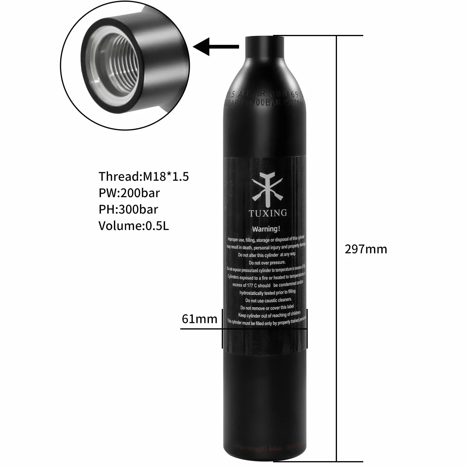 TUXING Réservoir de paintball PCP 4500 PSI, 0,5 L, certifié CE, bouteille en aluminium avec régulateur de paintball, valve régulatrice, manomètre, pression de sortie : 2200 psi-M18 x 1,5