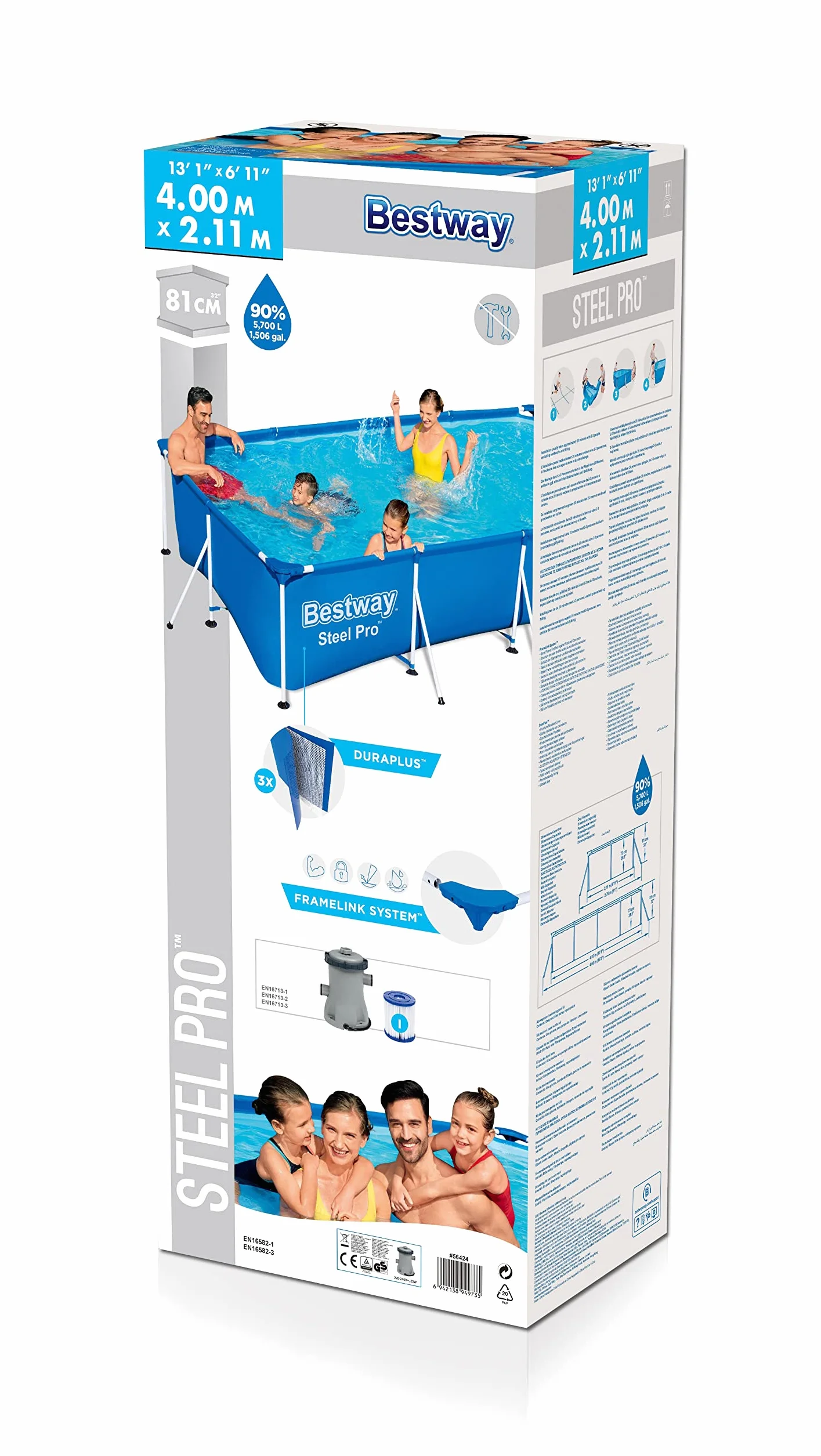 Bestway Steel Pro Piscine rectangulaire enfant cadre acier pompe filtrante 400 x 211 x 81 cm Bleu