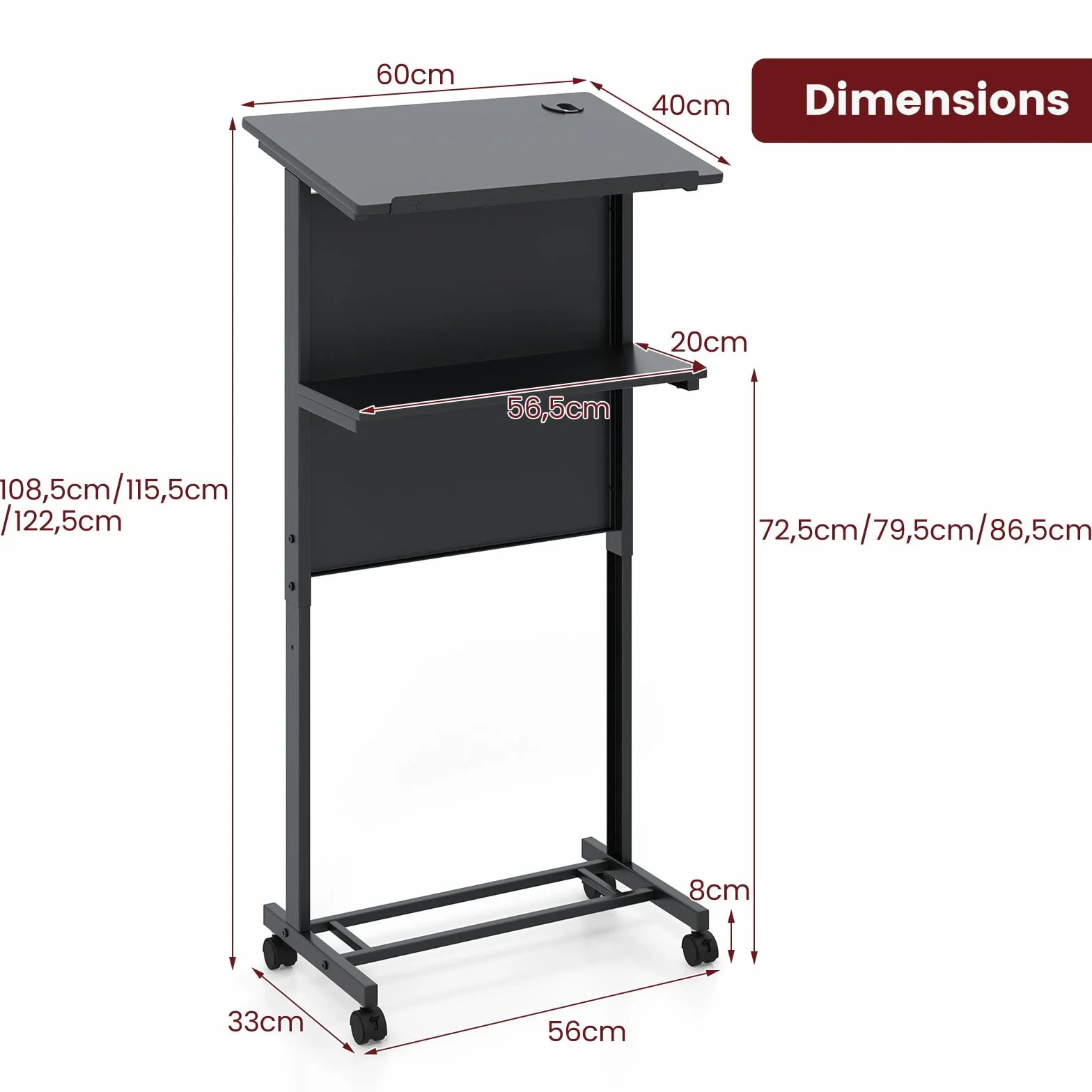 COSTWAY Podium Debout Mobile Pupitre 108-122 cm pour Ordinateur Portable, Bureau Debout Roulant Plateau Incliné avec Rebord