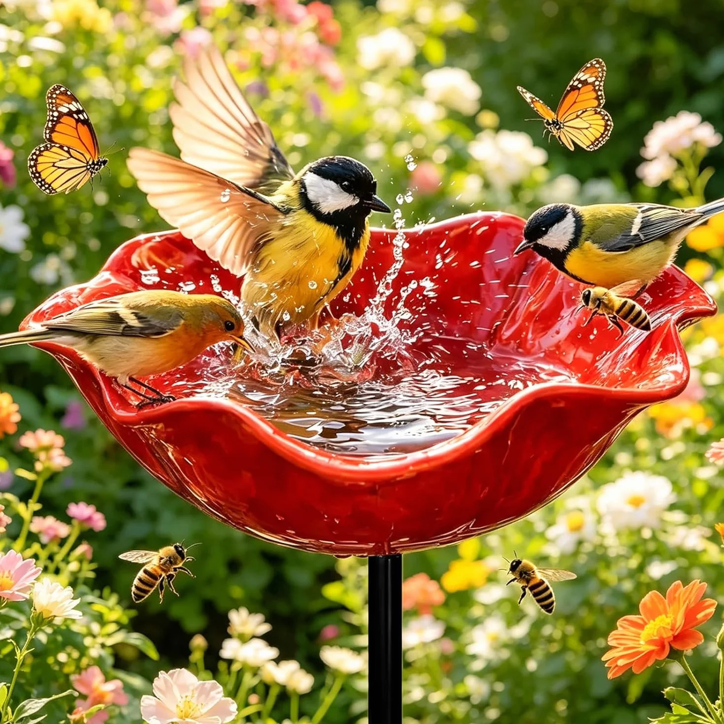 Bain d'oiseaux Extérieur Vasque de Jardin Pied Mangeoire Oiseaux Abreuvoir Alimentation Abri