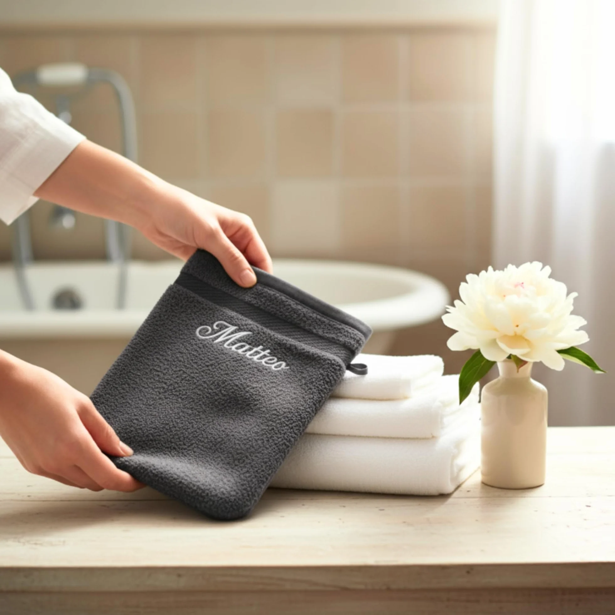 Gant de Toilette personnalisé Anthracite Éponge Coton 15x21 cm Broderie prénom initiales Fabrication Artisanale France Cadeau raffiné