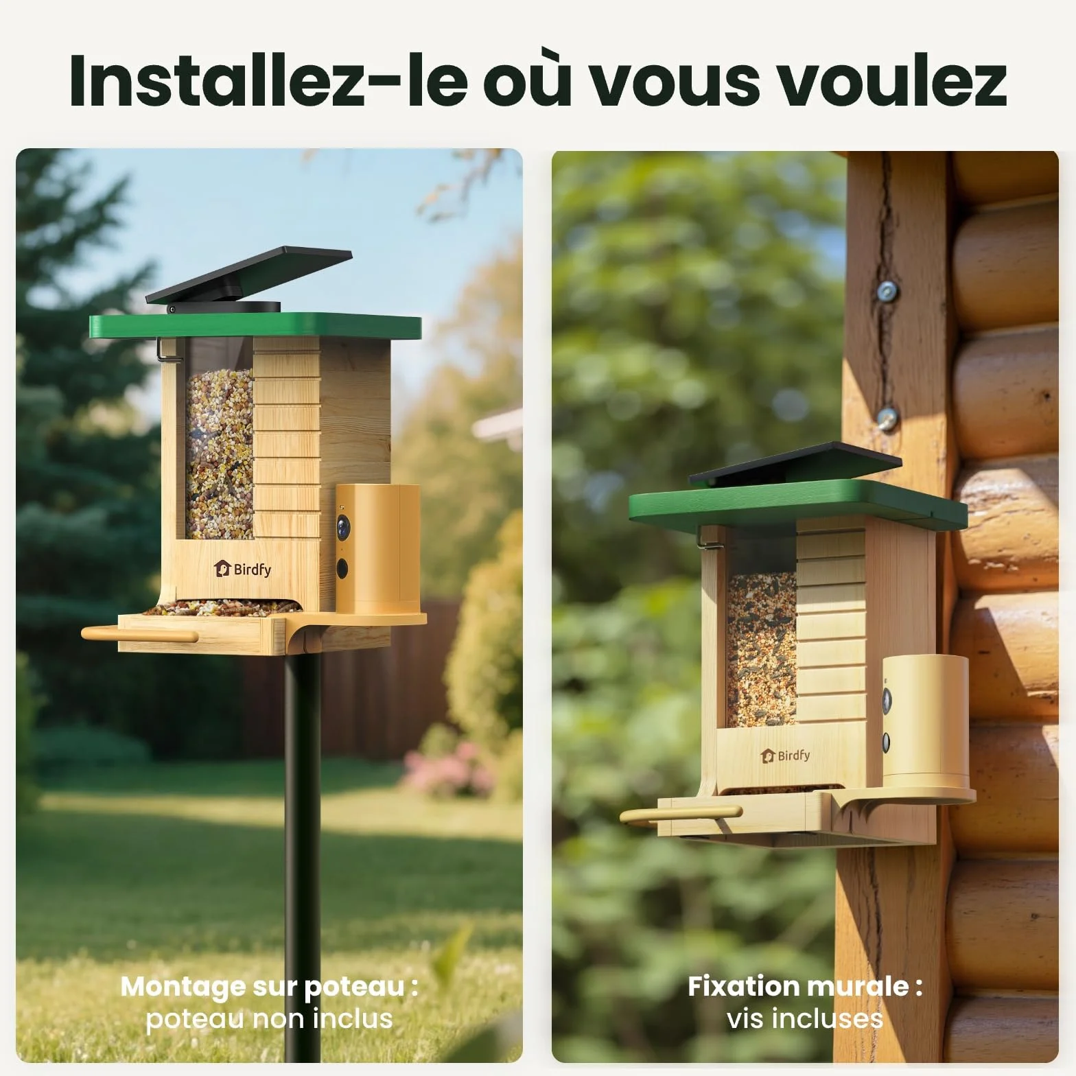 Mangeoire Oiseaux Caméra Birdfy Connectée en Bois avec Caméra Solaire IA 6000+ espèces 1080p