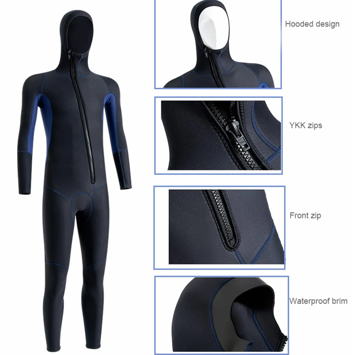 scosao 3mm Combinaison de Cagoule Néoprène Combinaisons de Plongée pour Hommes Peau de Plongée Une Pièce Manches Longues Fermeture Éclair Avant Thermique Maillots de Bain pour Plongée Natation Surf