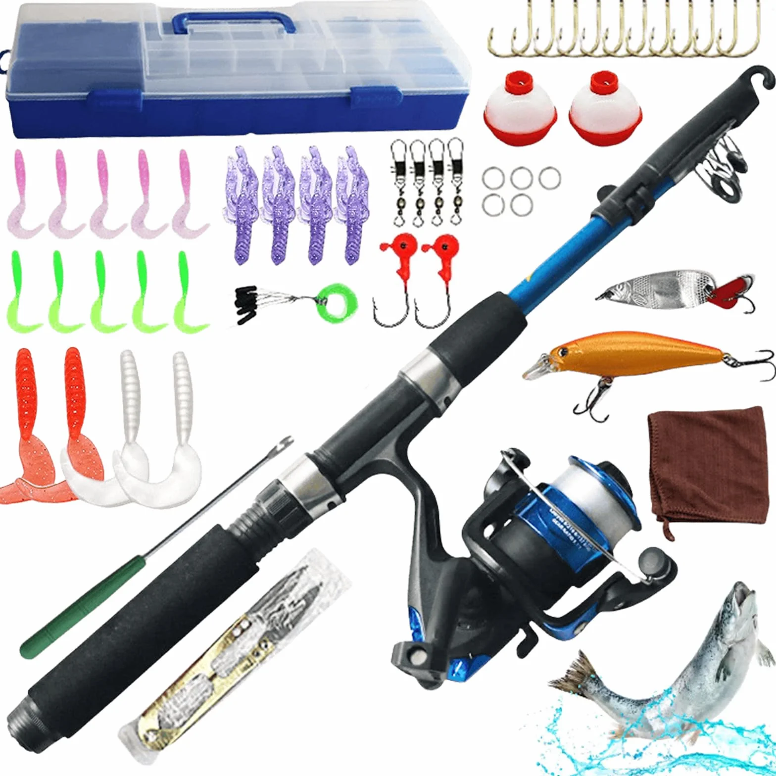 Kit de pêche complet pour enfants de 1,5 m avec moulinet et appât, canne à pêche télescopique en fibre de carbone et moulinet, accessoires de pêche pour enfants de 3 à 10 ans
