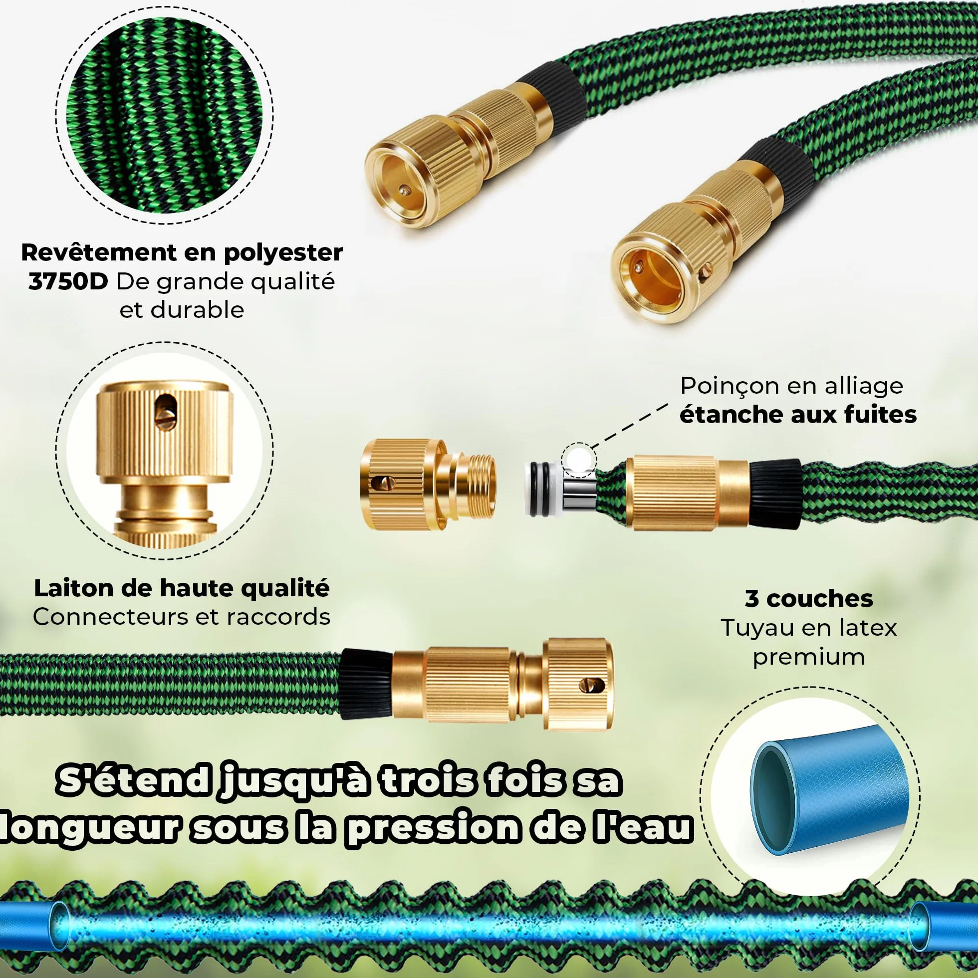 HOMEPROTEK Tuyau d'Arrosage Extensible 30m avec Adaptateurs 1/2'' 3/4'' et 9 Modes