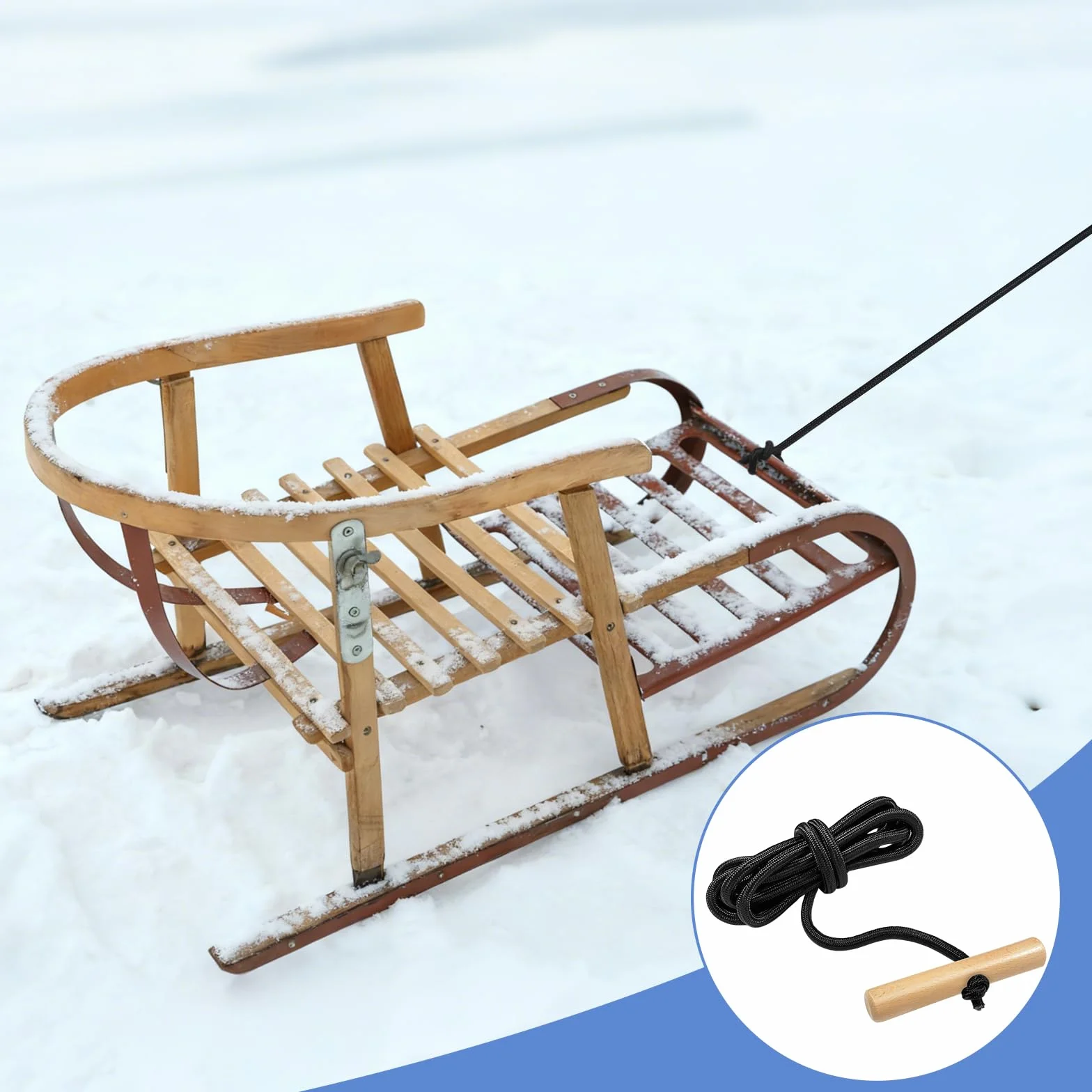 Corde de Luge avec Poignée en Bois, 1.97m Laisse pour Luge, Corde de Traîneau, Accessoires pour Traîneaux, Diamètre 5.5mm