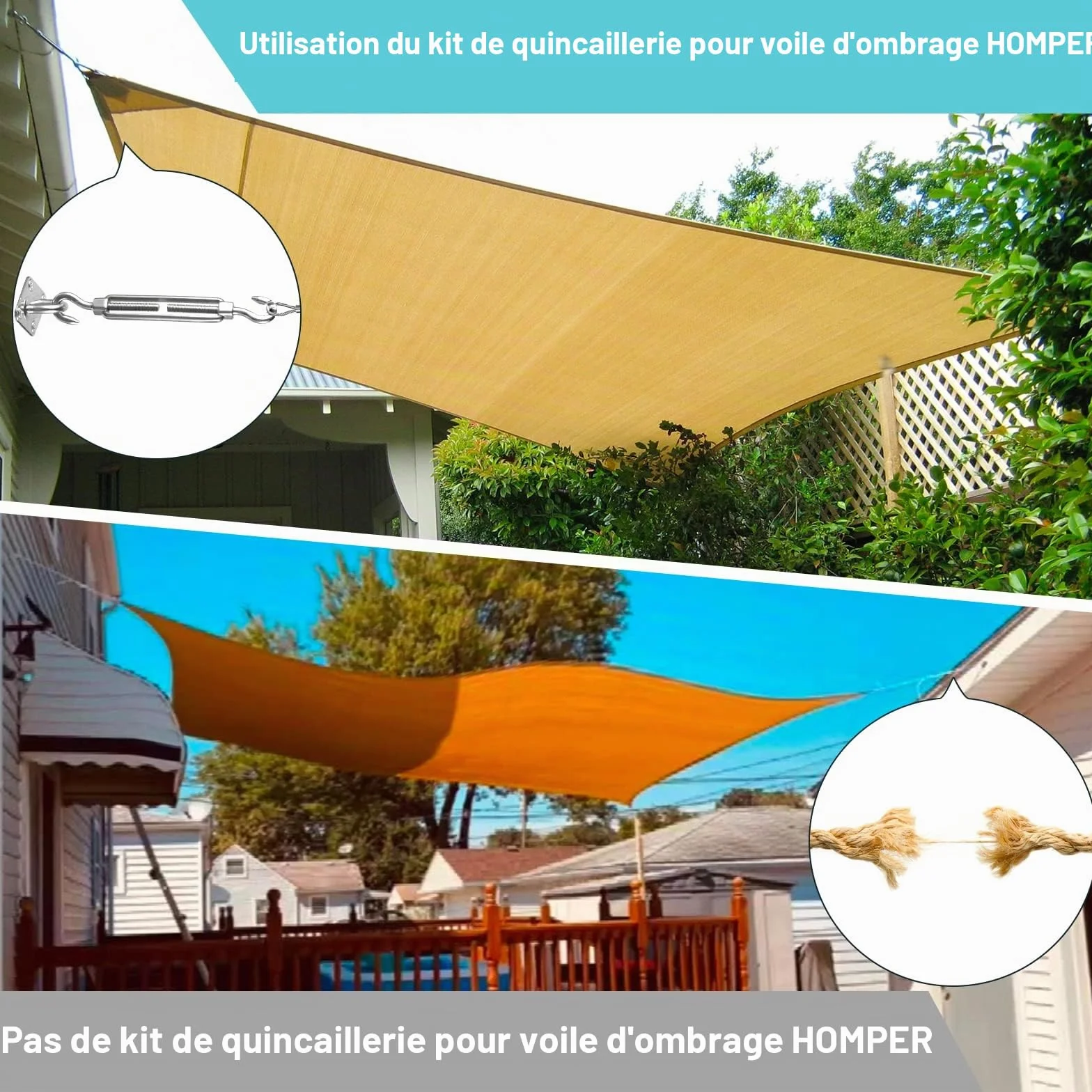 HOMPER Kit de Fixation pour Voile d'ombrage en Acier Inoxydable, Triangle, Carré, Rectangulaire