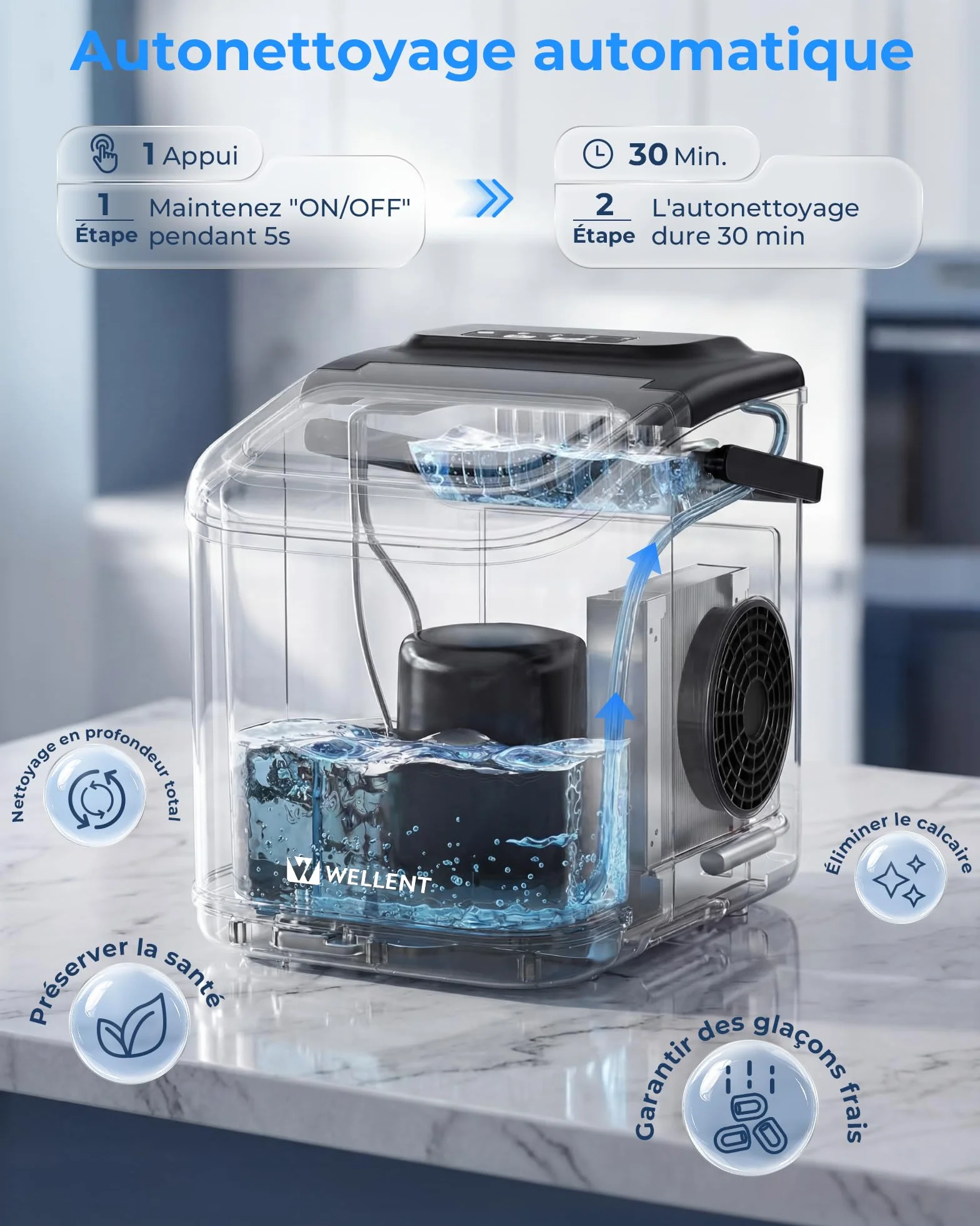 WELLENT Machine à Glaçons de Comptoir, 8 Glaçons en 6 Min, Capacité 12KG/24H, 2 Tailles, Portable avec Auto-Nettoyage