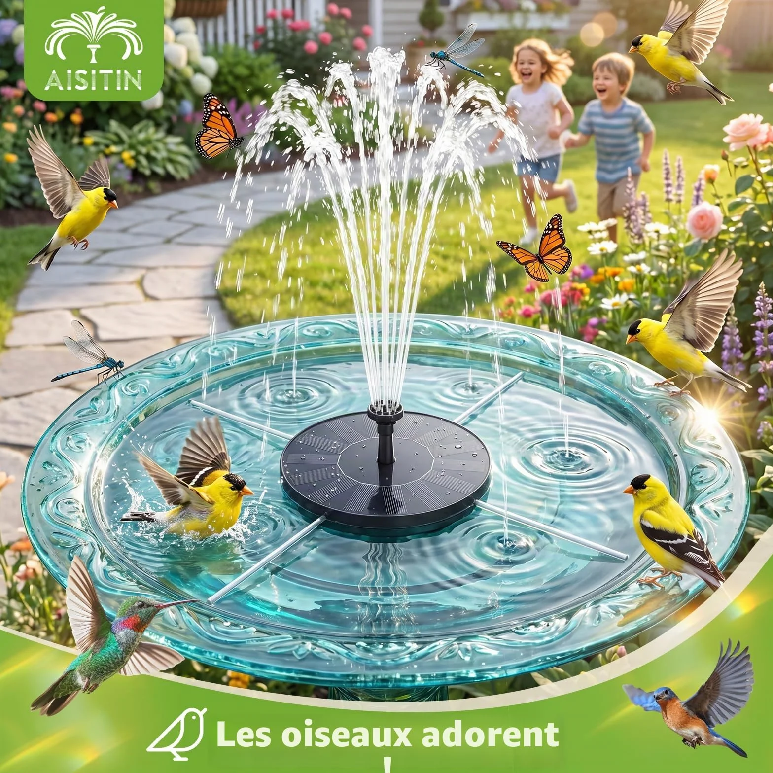 Fontaine Solaire Extérieur Flottante Pompe Bassin avec 6 Buses 1,5W pour Bain d'oiseaux Jardin
