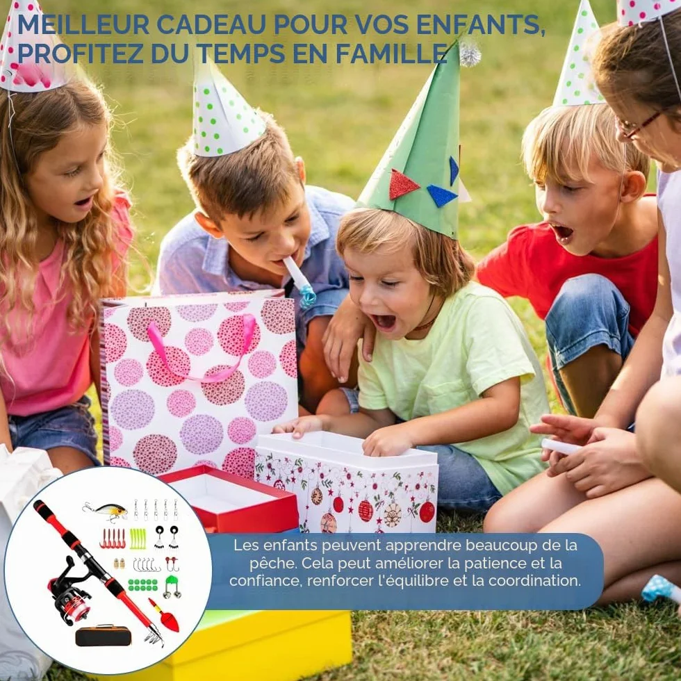 Kit de Canne à Pêche Télescopique, 1,8M Canne a Peche Enfant, Ensemble de Pêche Complet avec Moulinet, Leurres et Sac de Transport, pour Débutants Garçons, Filles, Jeunes