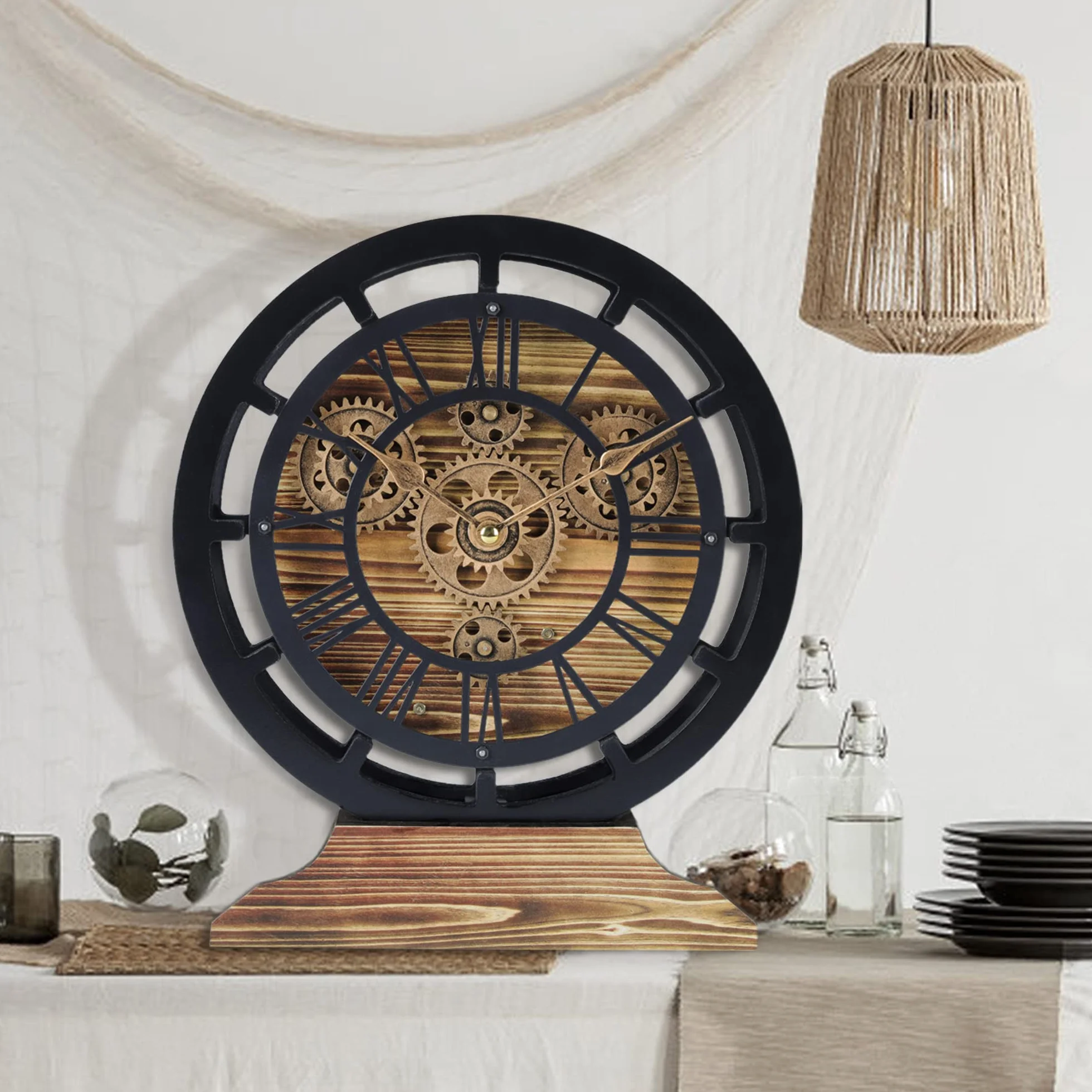 Lafocuse Pendule de Bureau Engrenages Mobiles Bois Industrielle Vintage Steampunk Noire 29cm Horloge Murale Rétro