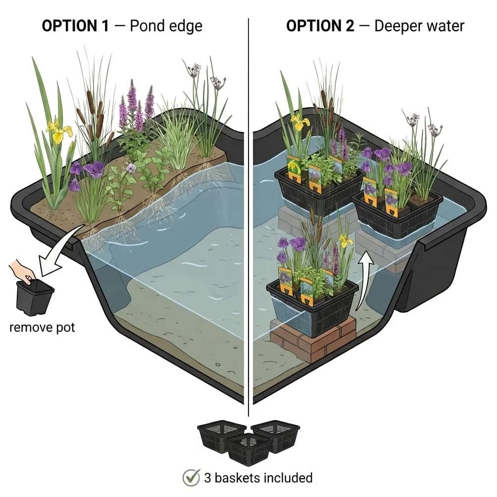 Vdvelde Mix 12 Plantes de Bassin P9 Nénuphar Nain Rouge Nymphaea Pygmaea Rubra 3 Paniers AQUA SET Plantes Oxygénantes Rustiques Mellifères