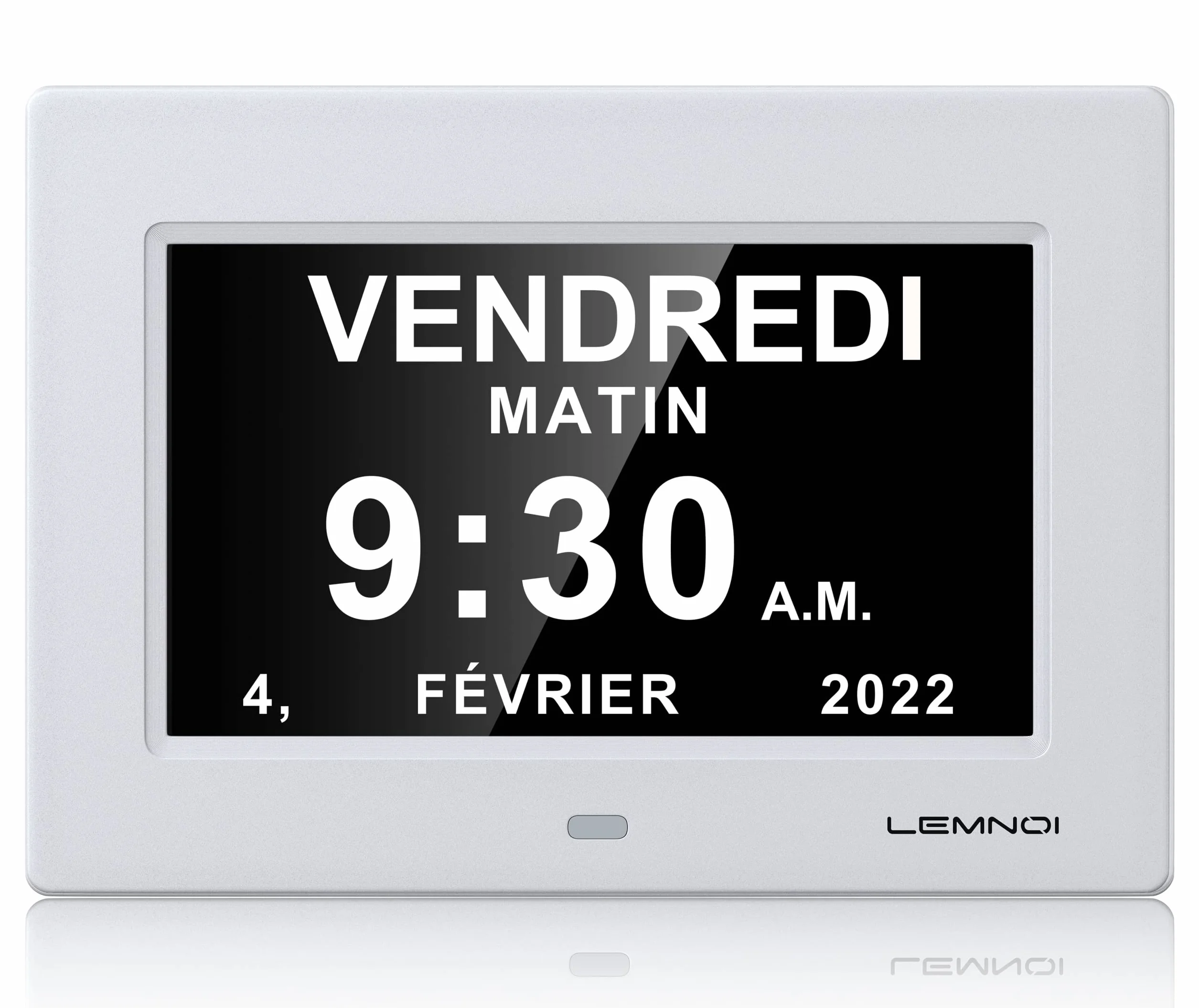 LEMNOI 7" LCD Digital Clock Calendar with Date Day Time Auto Dimming 8 Languages HD Display for Alzheimer Elderly Kids White