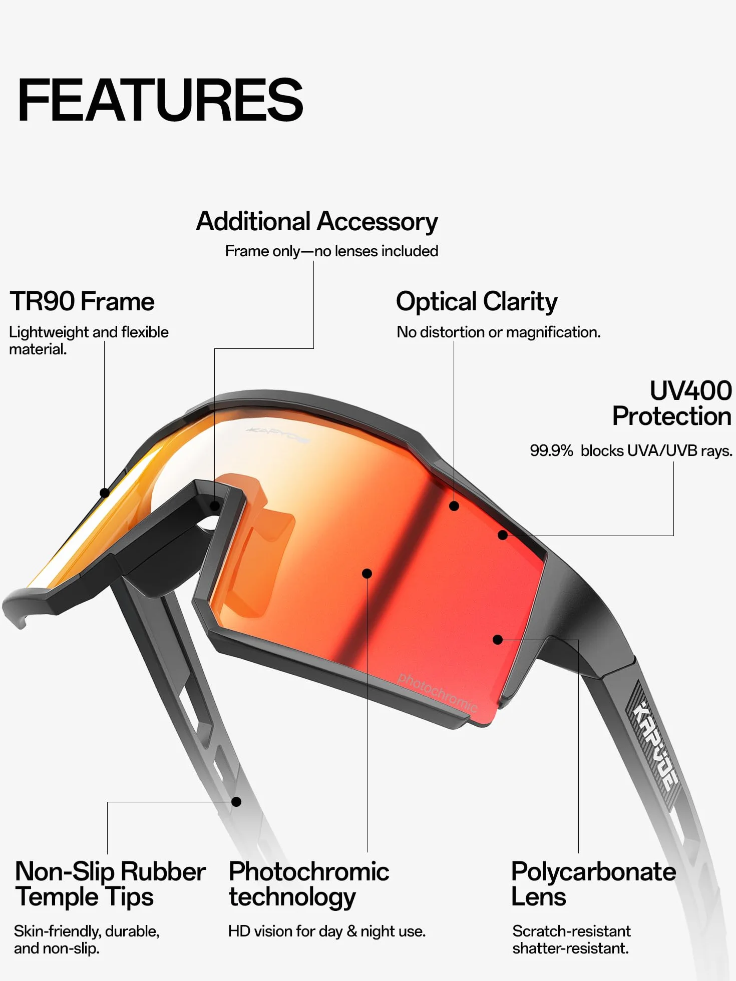 KAPVOE Lunette de Cyclisme Photochromique Homme Femme Tr90 Cadre Lunette Vélo VTT Anti-UV400 Lunette de Soleil Pour Vélo Pêche Course Conduite Pêche Ski