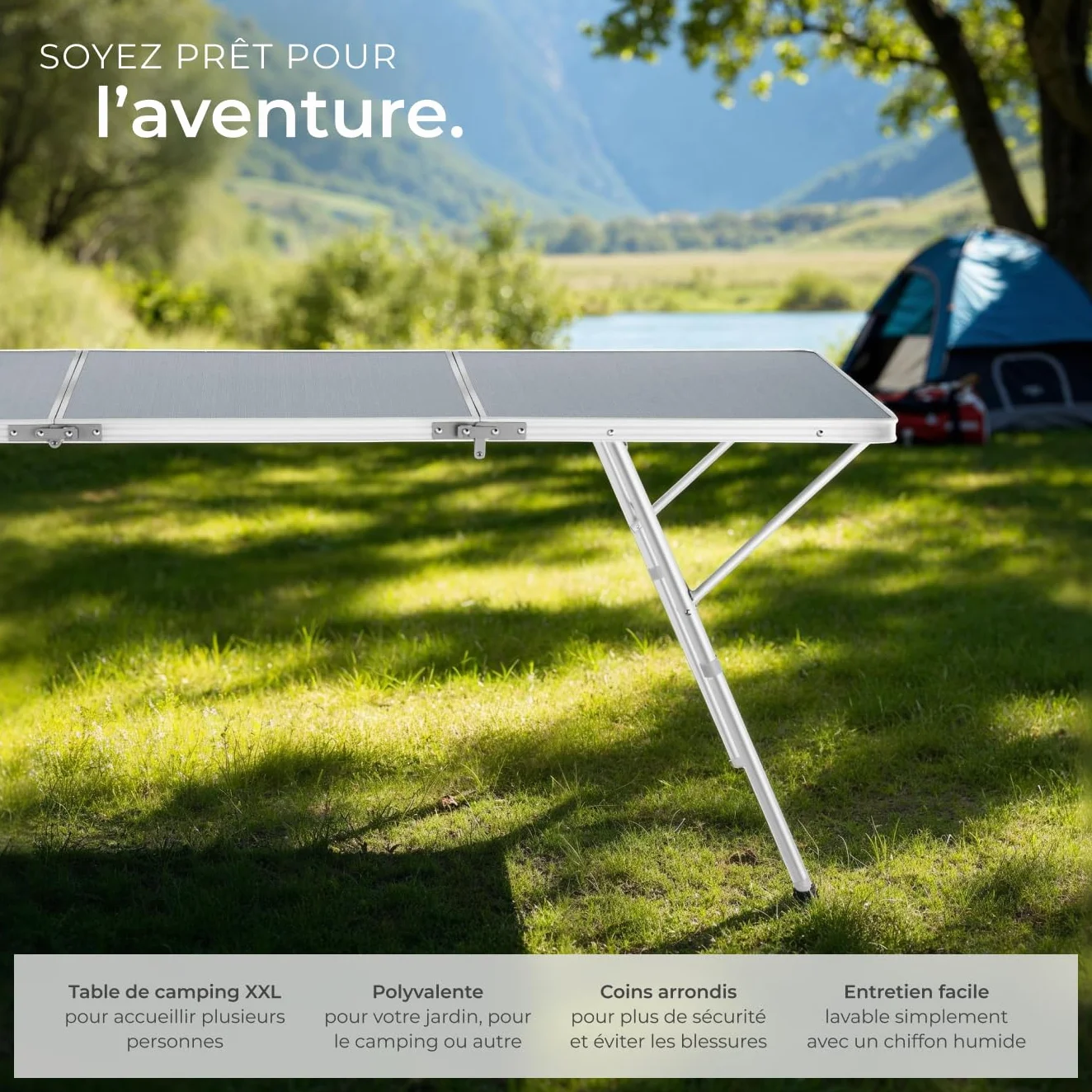 Tectake Table Pliante de Pique Nique Camping Aluminium INOX 180x70x70cm Réglable en Hauteur