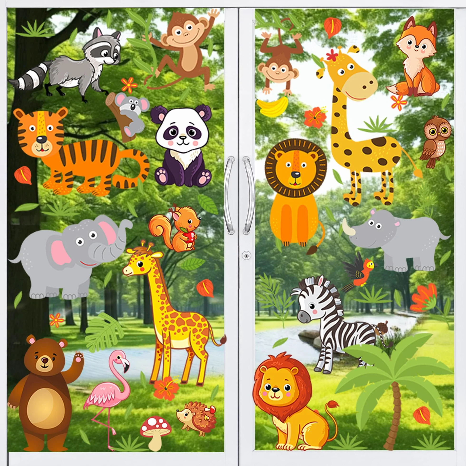 Moxled Autocollants Fenêtre Forêt Animaux Réutilisables Décoration Enfant