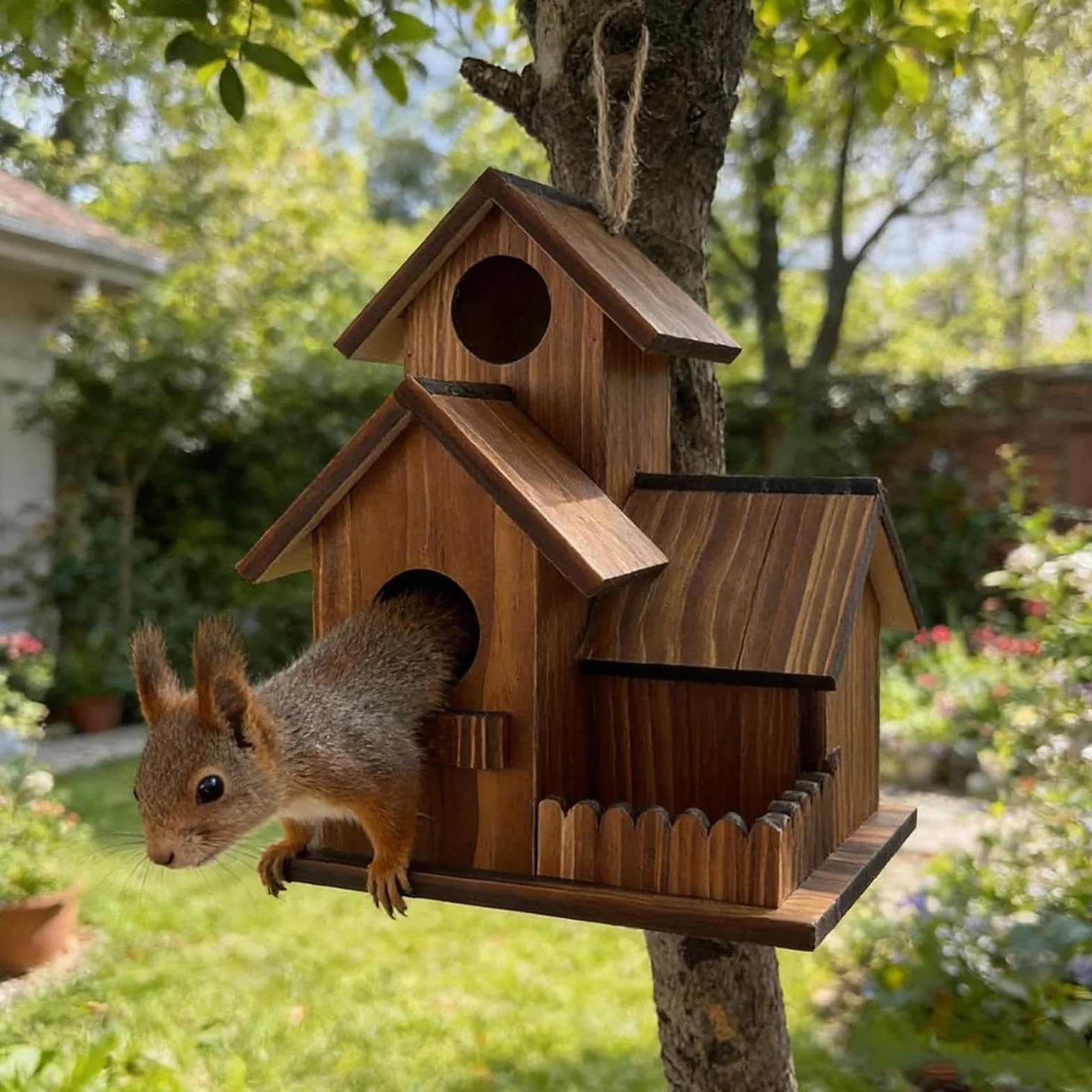 Mangeoire pour Écureuils en Bois Naturel, Distributeur Nourriture Résistant aux Intempéries avec Toit