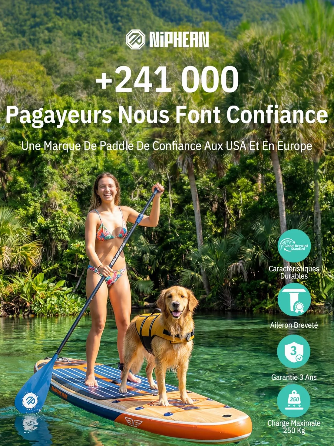 Niphean Extra Large Paddle Gonflable, Sup à 2+1 Personnes/Famille, Planches de Stand Up Paddle Gonflables avec (Idéal Débutant) Aileron Équilibré, Housse Étanche, Paddle Gonflable Adulte, Cadeaux