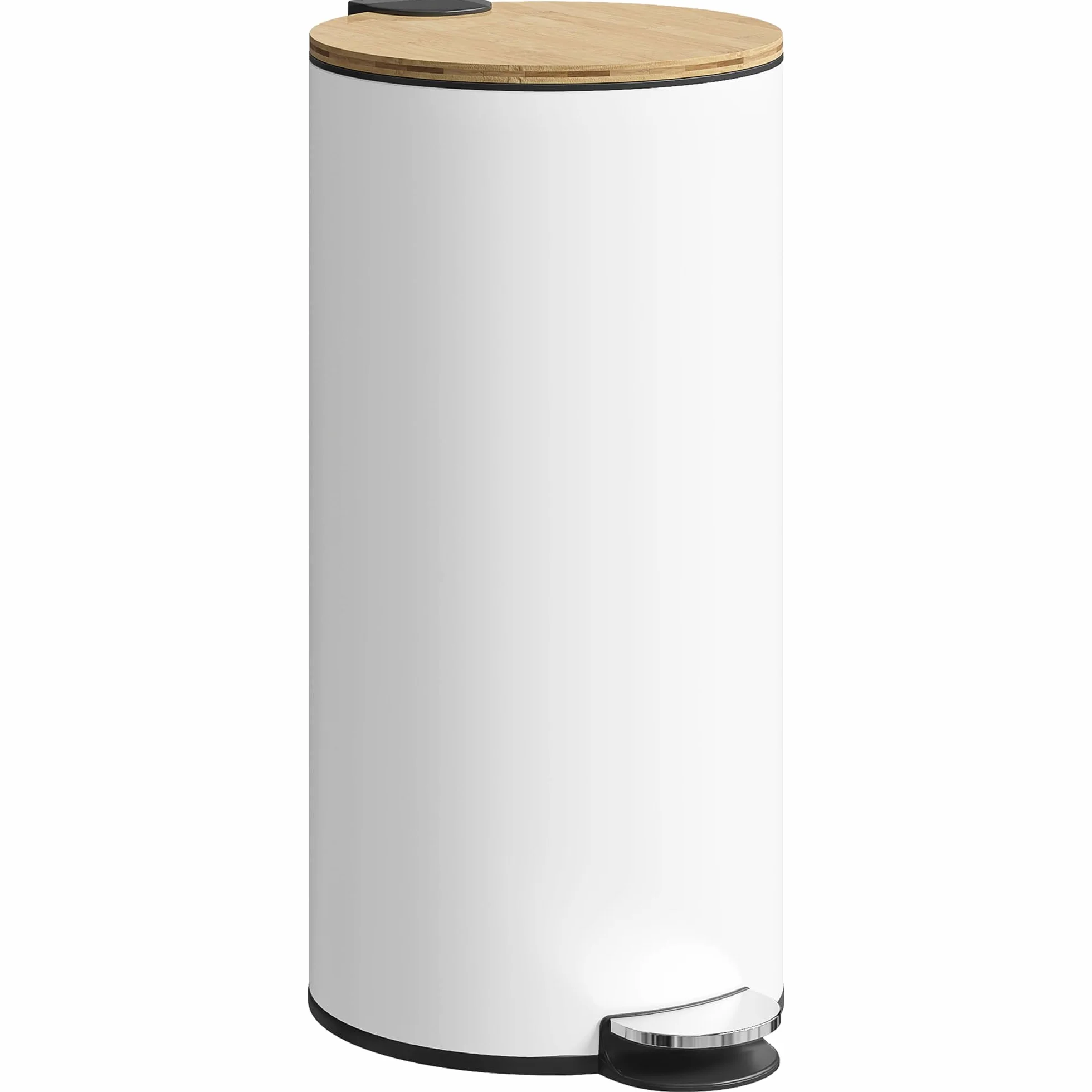 HOMCOM Poubelle Cuisine 30L Poubelle à Pédale Métal Seau Intérieur Amovible Couvercle Bambou Fermeture Douce Blanc