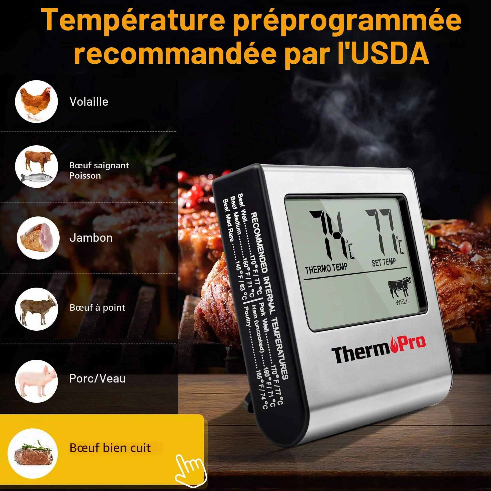 ThermoPro TP16 Thermomètre Cuisine Numérique avec Sonde de Température Acier Inoxydable