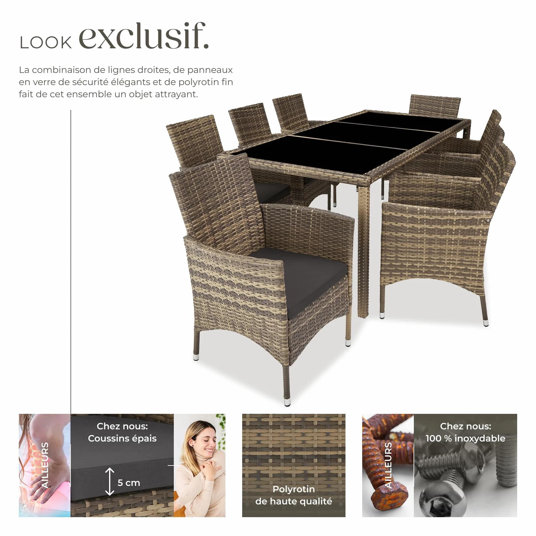 Tectake Salon de Jardin Poly Rotin Table 8 Fauteuils Chaises Housse Protection Marron Naturel Gris Foncé