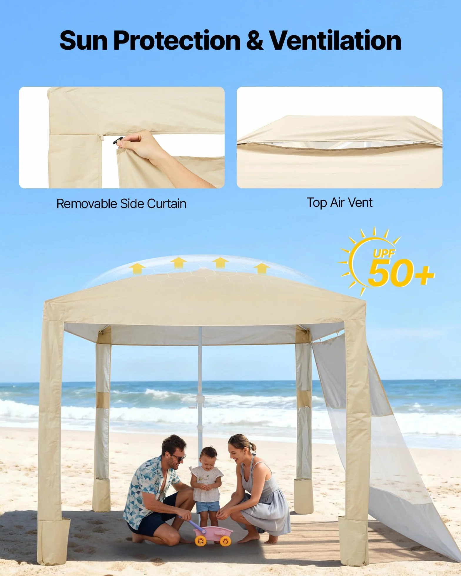 VEVOR Tonnelle de Plage 2,4 x 2,4 m, Abri de Plage avec Parois Latérales et Poches à Sable, Tente Portable pour Camping Extérieur, Protection UPF 50+, Hauteur Réglable, Espace Ombragé Spacieux, Kaki