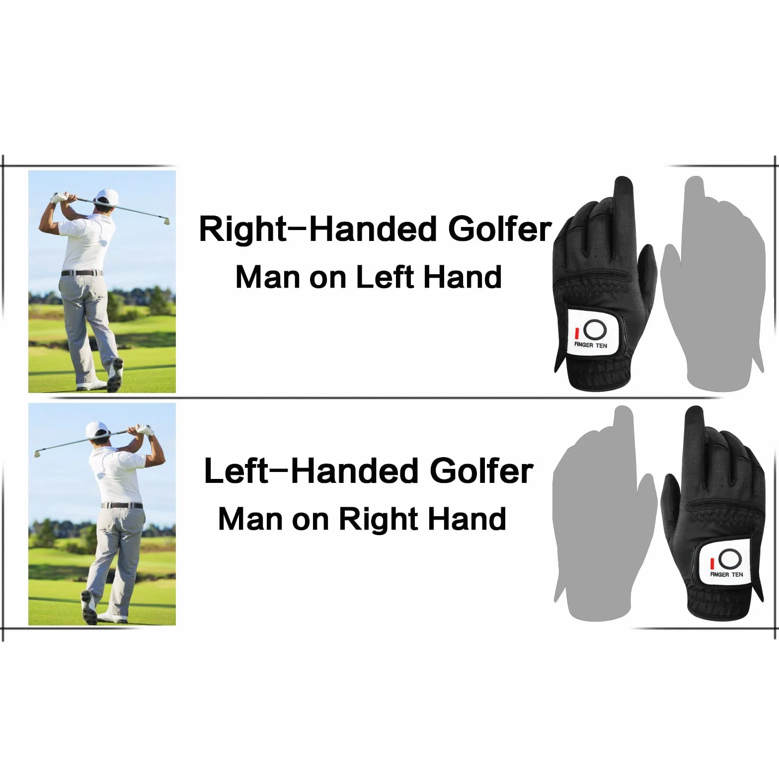 FINGER TEN Gant De Golf Hommes Main Gauche pour Golfeur droitier Pluie poignée Paquet De 3，Gant de Golf Confortable Doux synthétique Tous Les Temps Taille adaptée S M L XL ML Blanc Noir