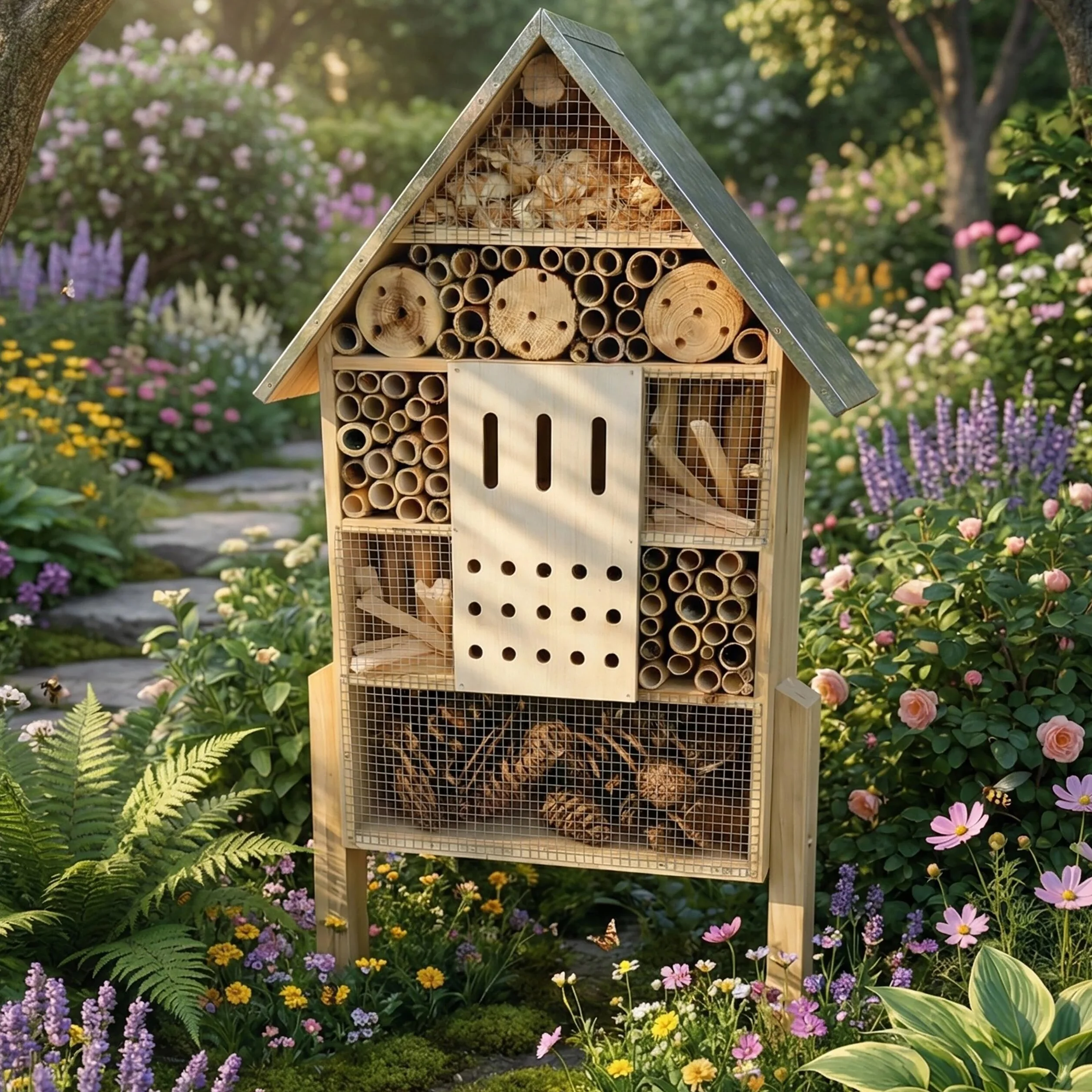 Relaxdays Hôtel à Insectes sur Pied en Bois, Toit galvanisé, 77 x 38 x 10 cm