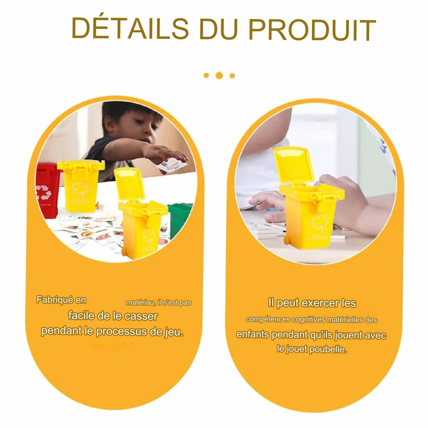 Poubelle Jouet avec Couvercle et Roues Miniature de Tri Sélectif pour Bureau Maison