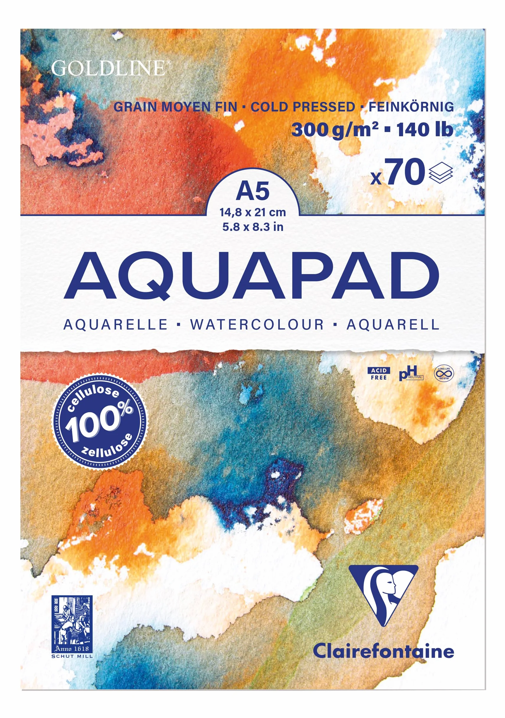 Clairefontaine Goldline Aquapad Bloc Aquarelle A5 300g 70 Feuilles 14,8x21 cm