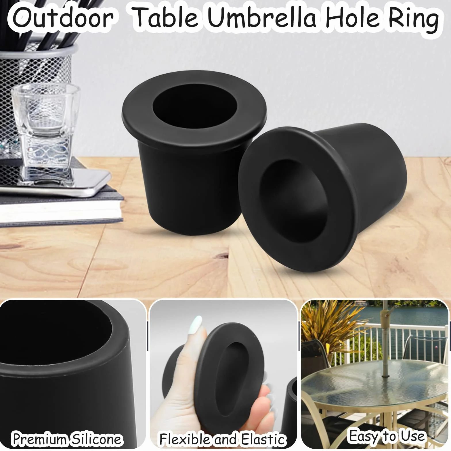 Lot de 2 anneaux de trou pour parasol de table d'extérieur, manchon en silicone, stabilisateur conique