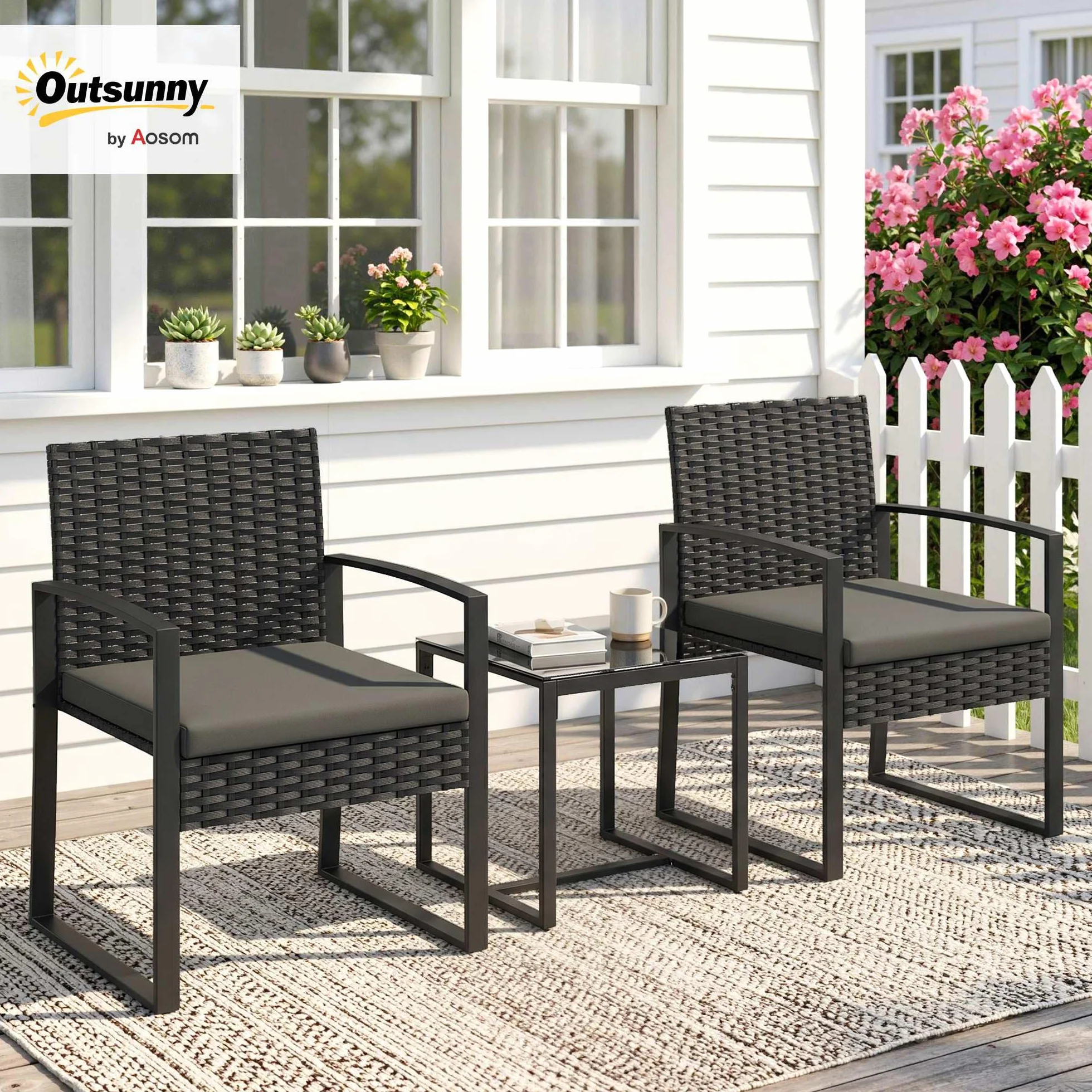 Outsunny Salon de Jardin 2 Personnes Table avec Chaises Résine Tressée Verre Trempé Coussins Noir