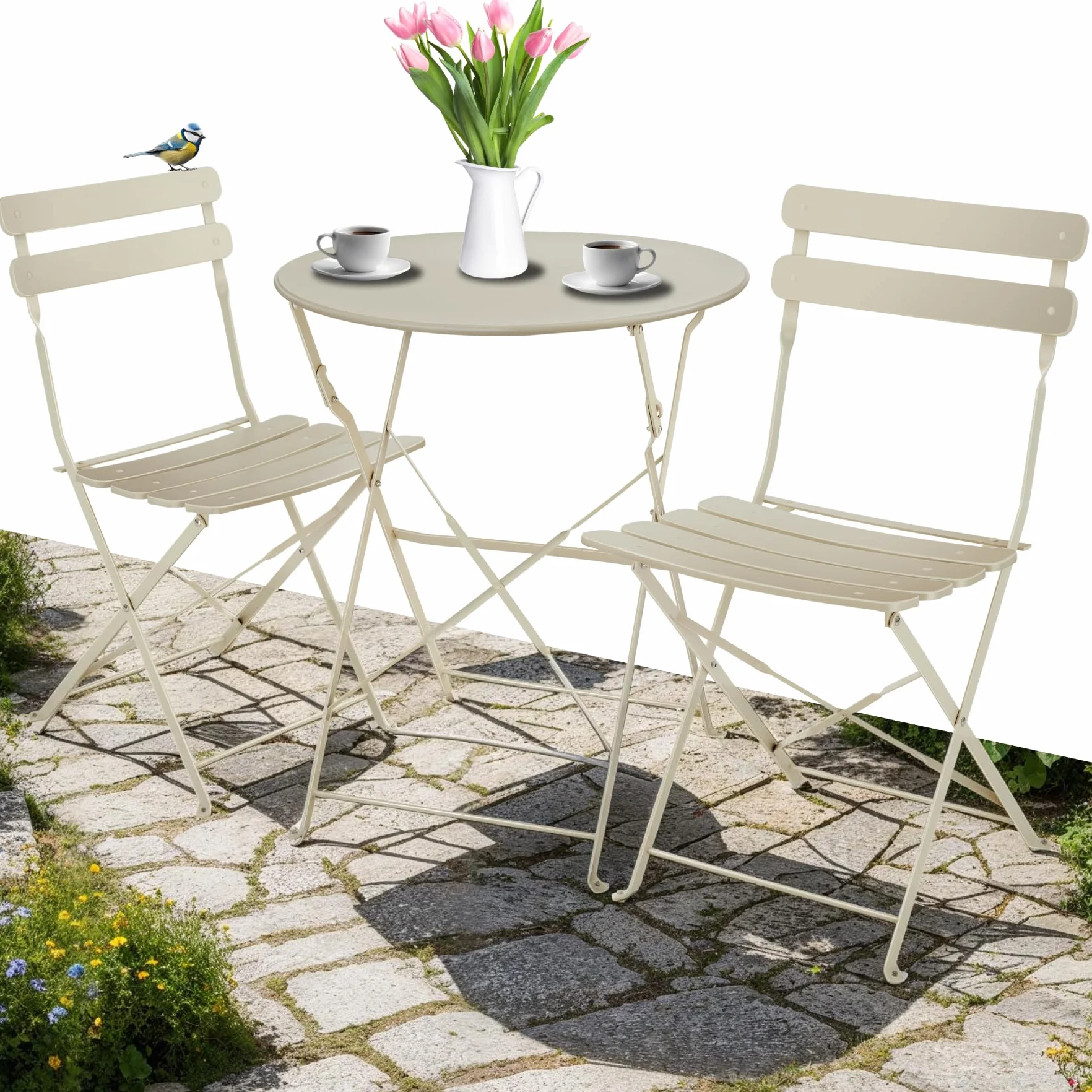 Ensemble Table Ronde et Chaises Pliantes de Jardin Acier Époxy 2 Places